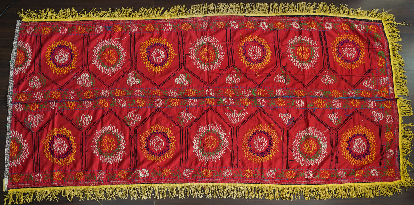 Uzbek Vintage Suzani with Silk Embroidery - Golden Fringe