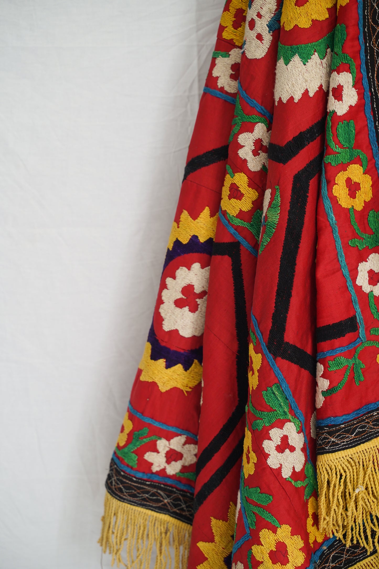 Uzbek Vintage Suzani with Silk Embroidery - Golden Fringe