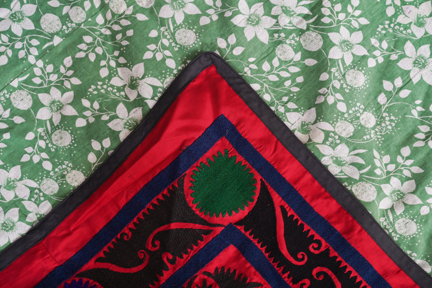 Vintage Suzani with Cotton Embroidery on a Silk/Satin Ground in Vibrant pink with Yellow