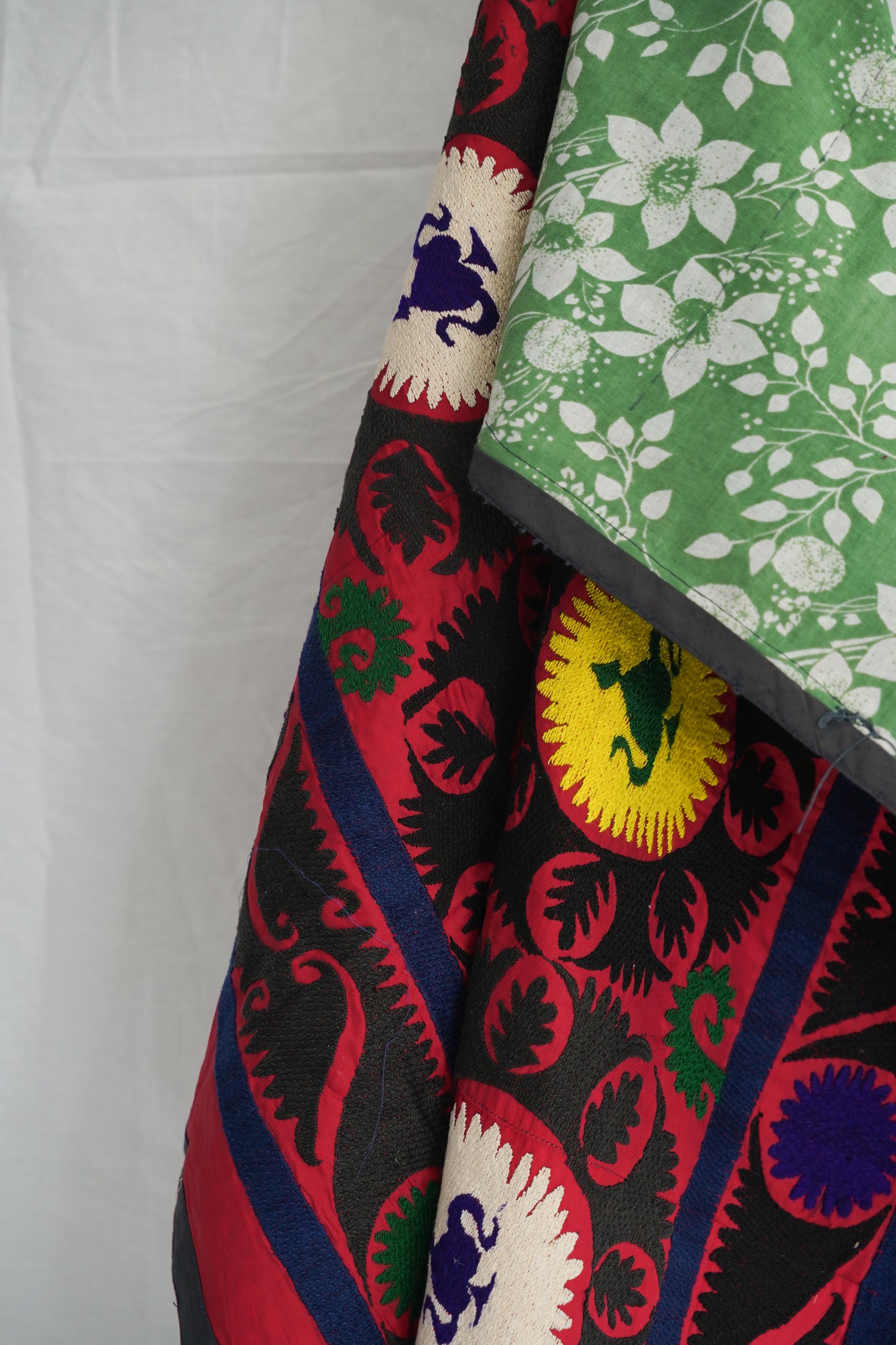 Vintage Suzani with Cotton Embroidery on a Silk/Satin Ground in Vibrant pink with Yellow