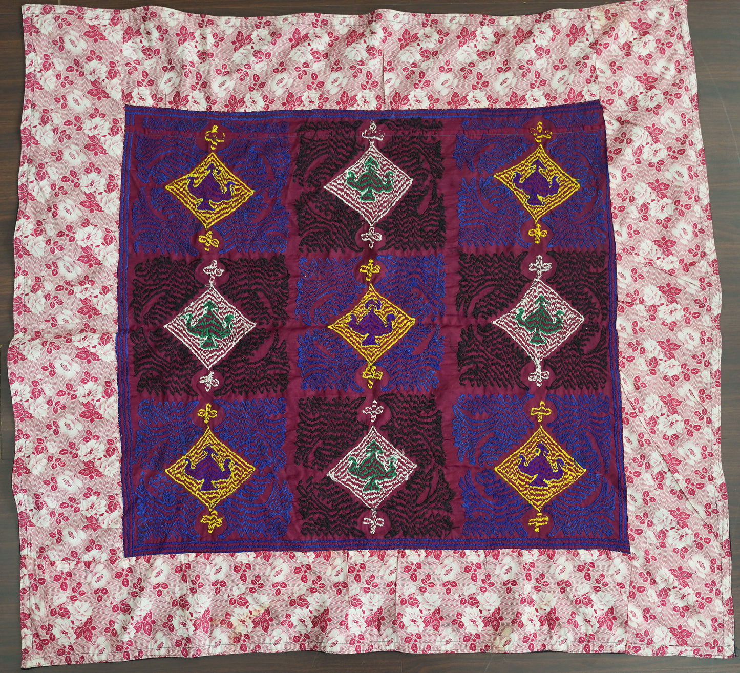 Vintage Suzani with Cotton Embroidery on a Silk/Satin Ground in Vibrant blue with Yellow Teapots