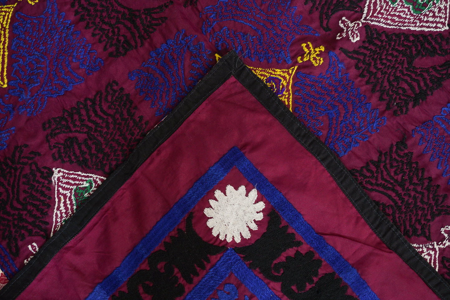 Vintage Suzani with Cotton Embroidery on a Silk/Satin Ground in Vibrant blue with Yellow Teapots