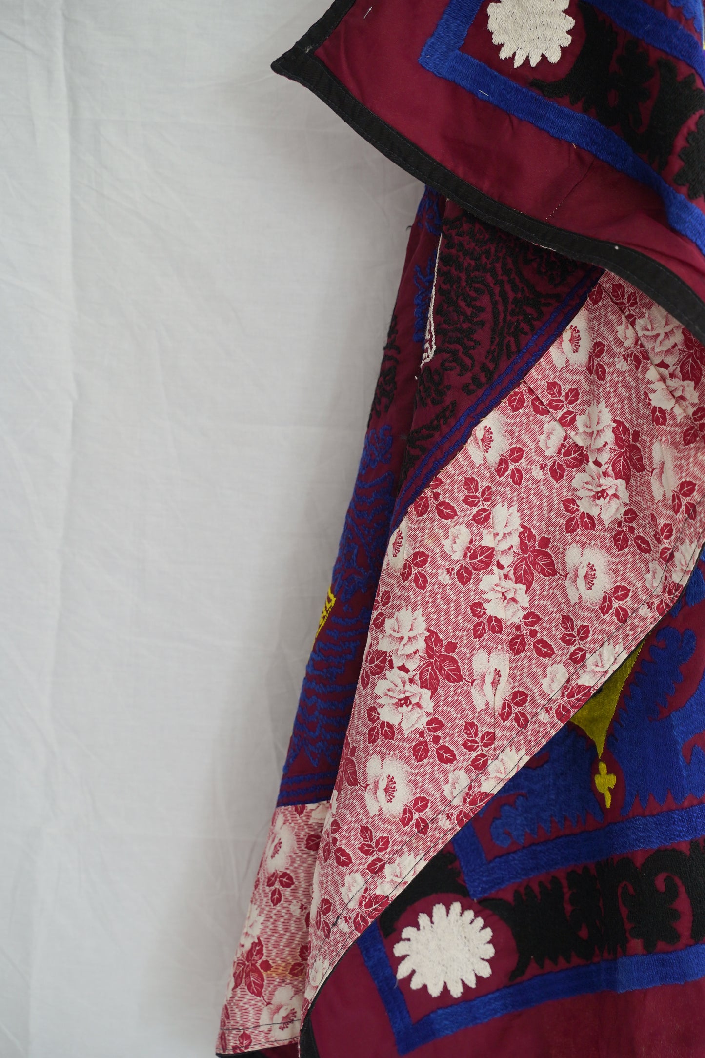 Vintage Suzani with Cotton Embroidery on a Silk/Satin Ground in Vibrant blue with Yellow Teapots