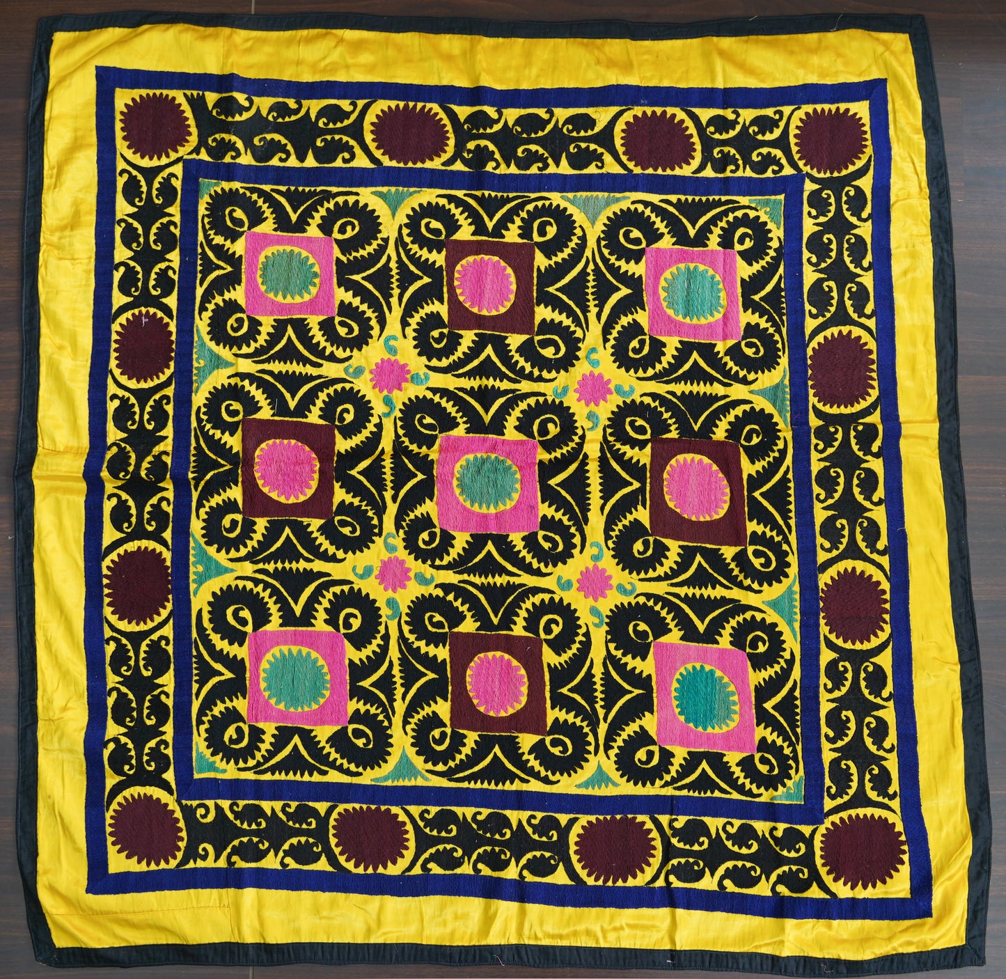 Uzbek Suzani from Bukhara - on a Silk/Satin Ground in Vibrant Yellow
