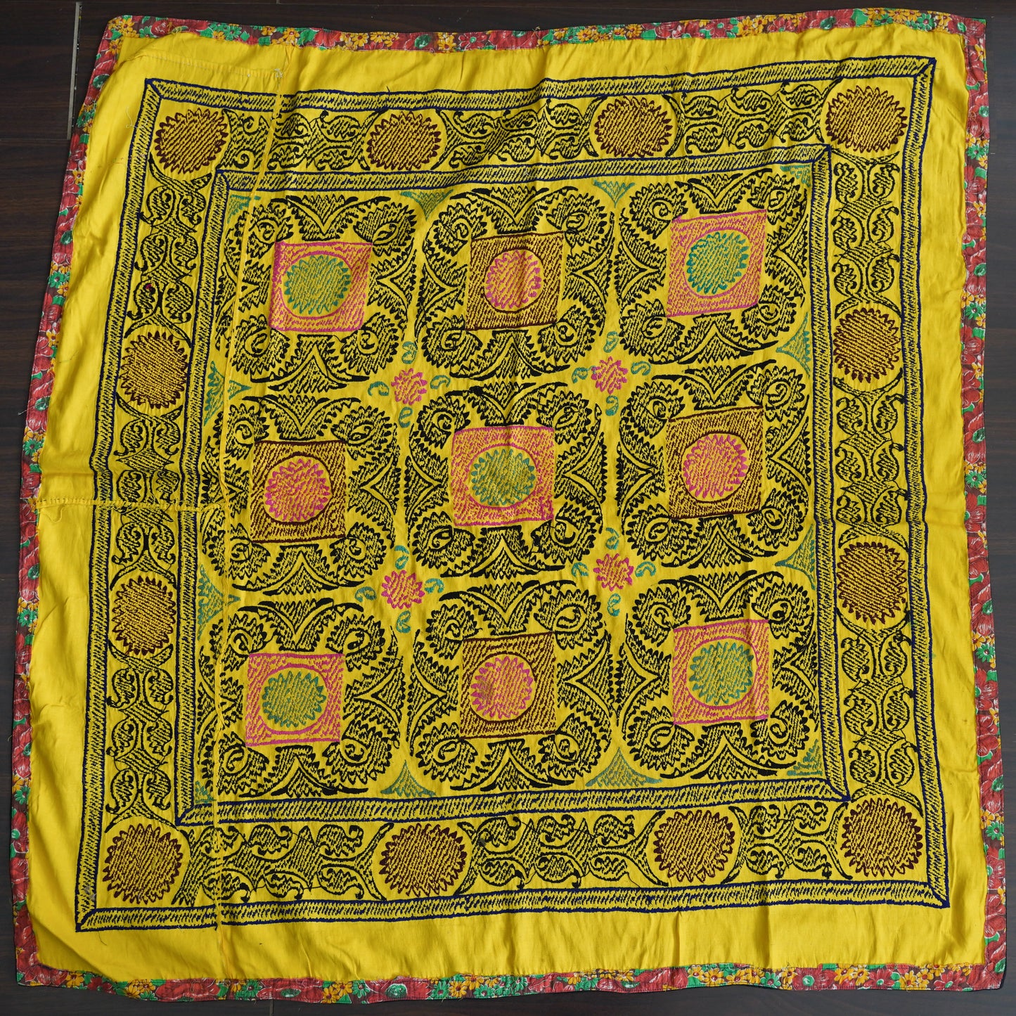 Uzbek Suzani from Bukhara - on a Silk/Satin Ground in Vibrant Yellow