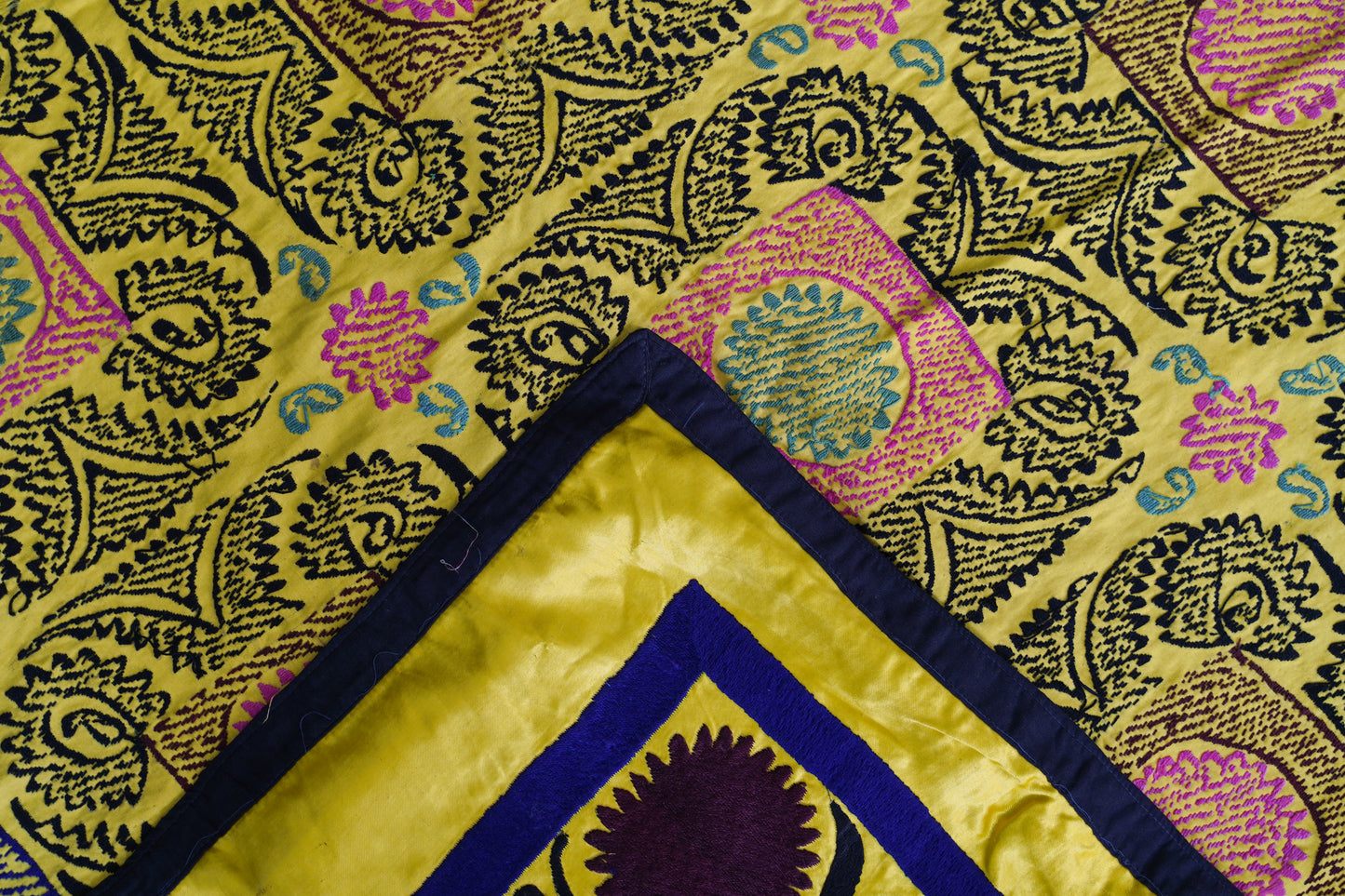 Uzbek Suzani from Bukhara - on a Silk/Satin Ground in Vibrant Yellow