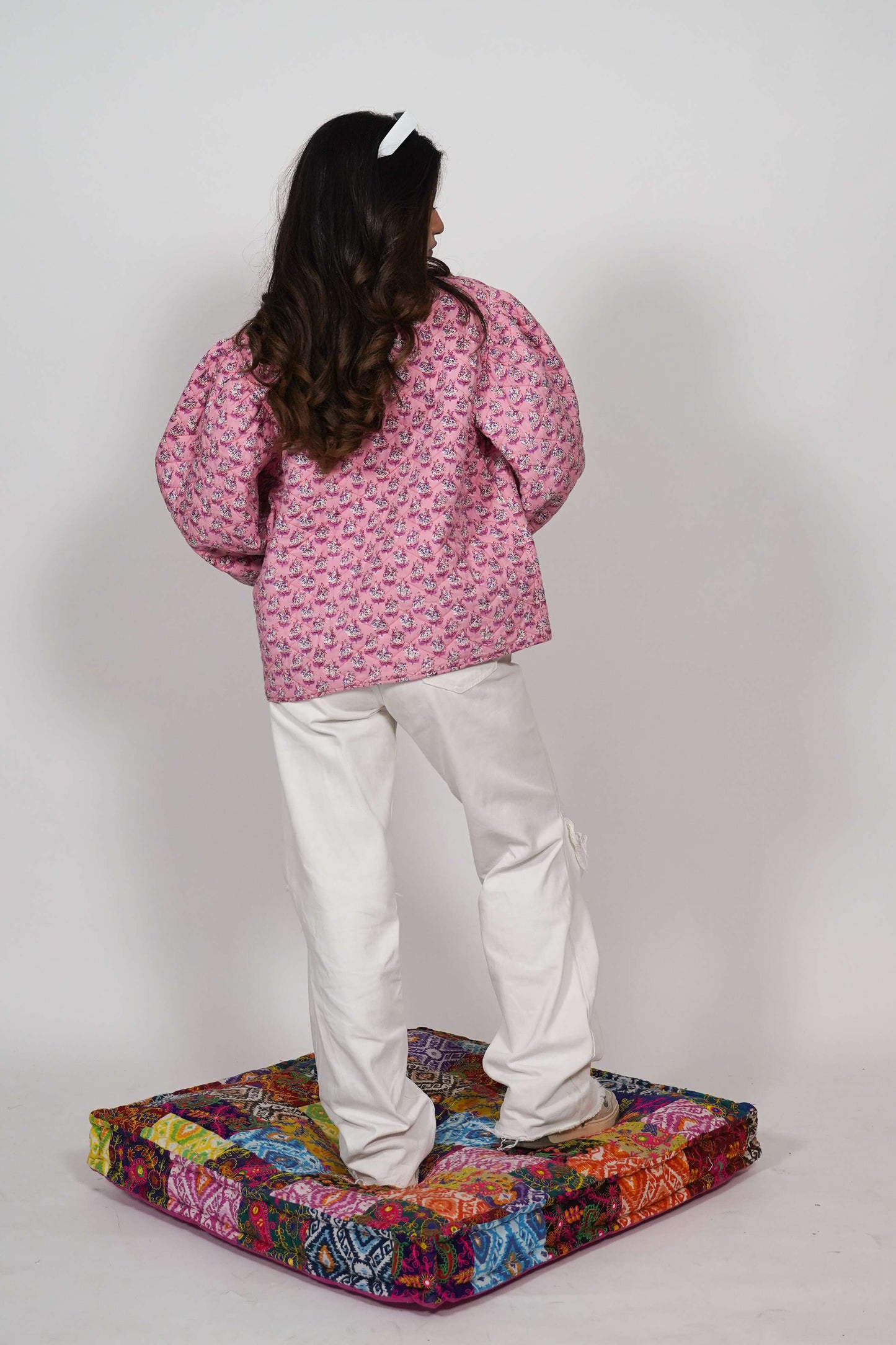 Oversized puffy sleeve quilted jacket - Pink Petals