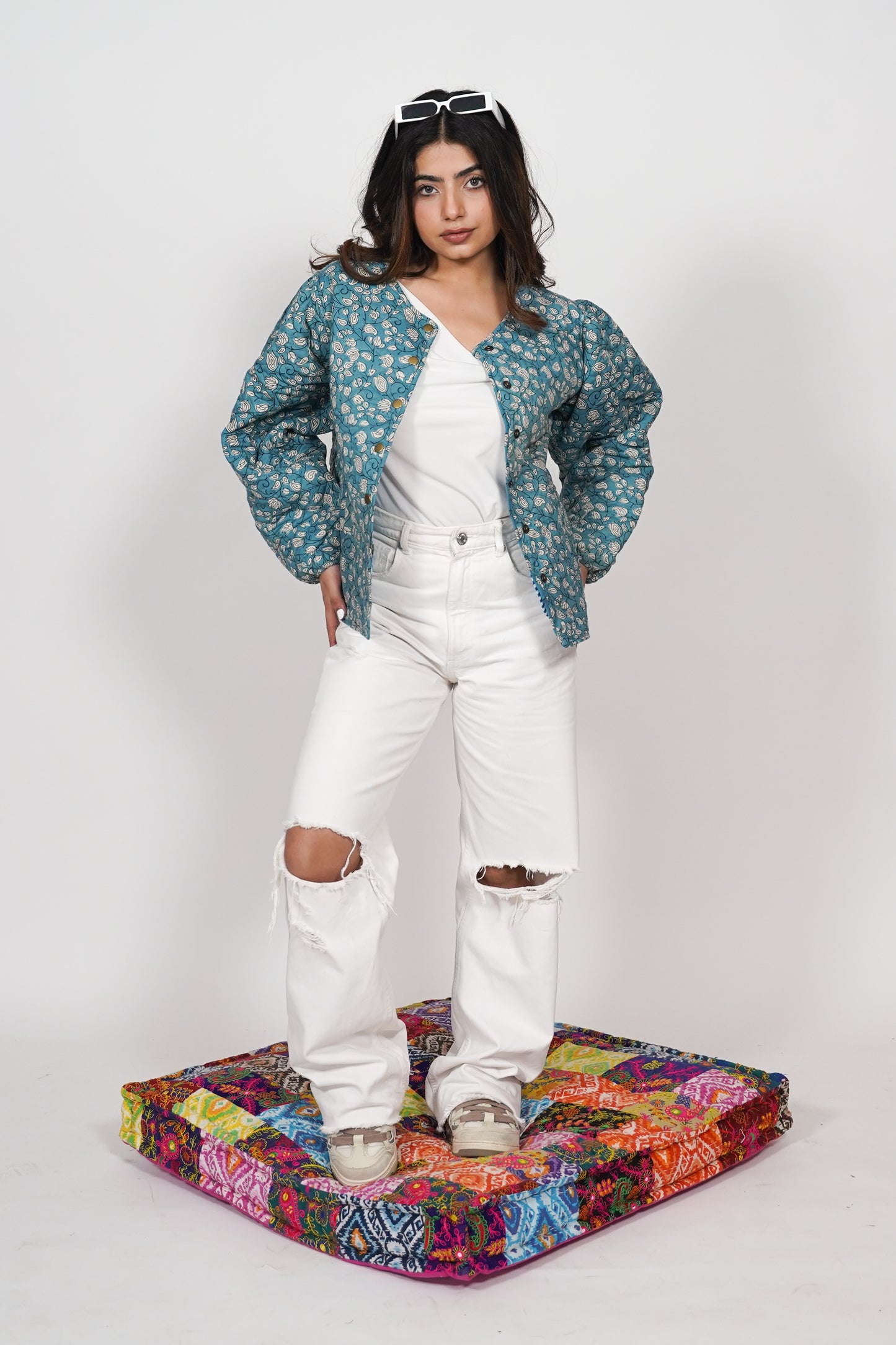 Oversized puffy sleeve quilted jacket - Blue Stem