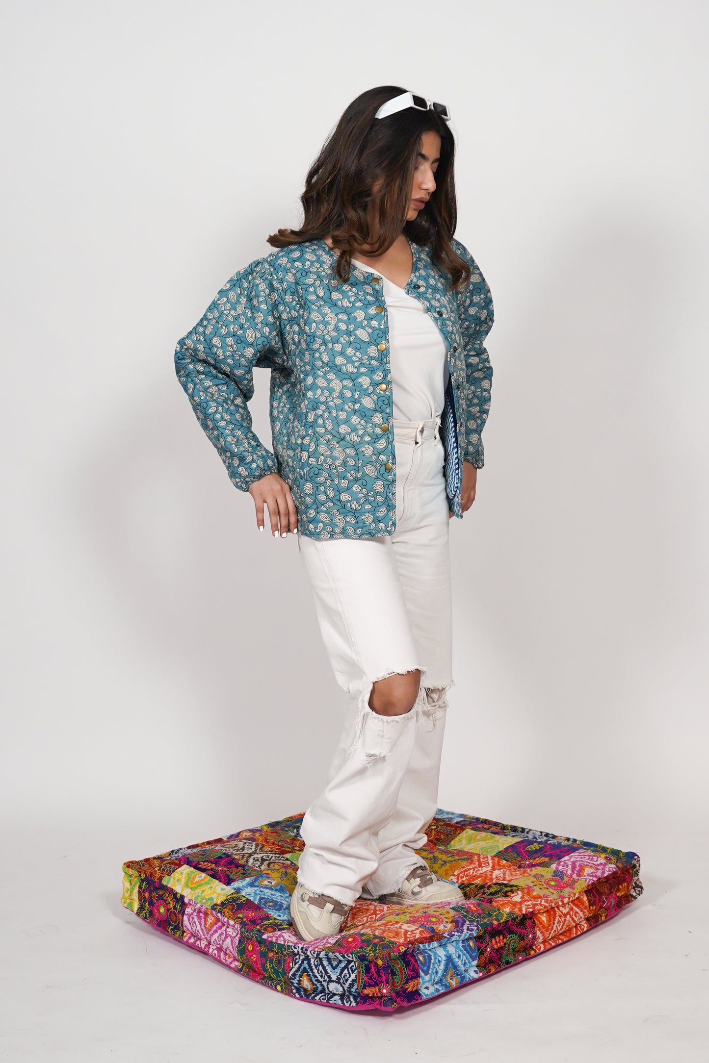 Oversized puffy sleeve quilted jacket - Blue Stem