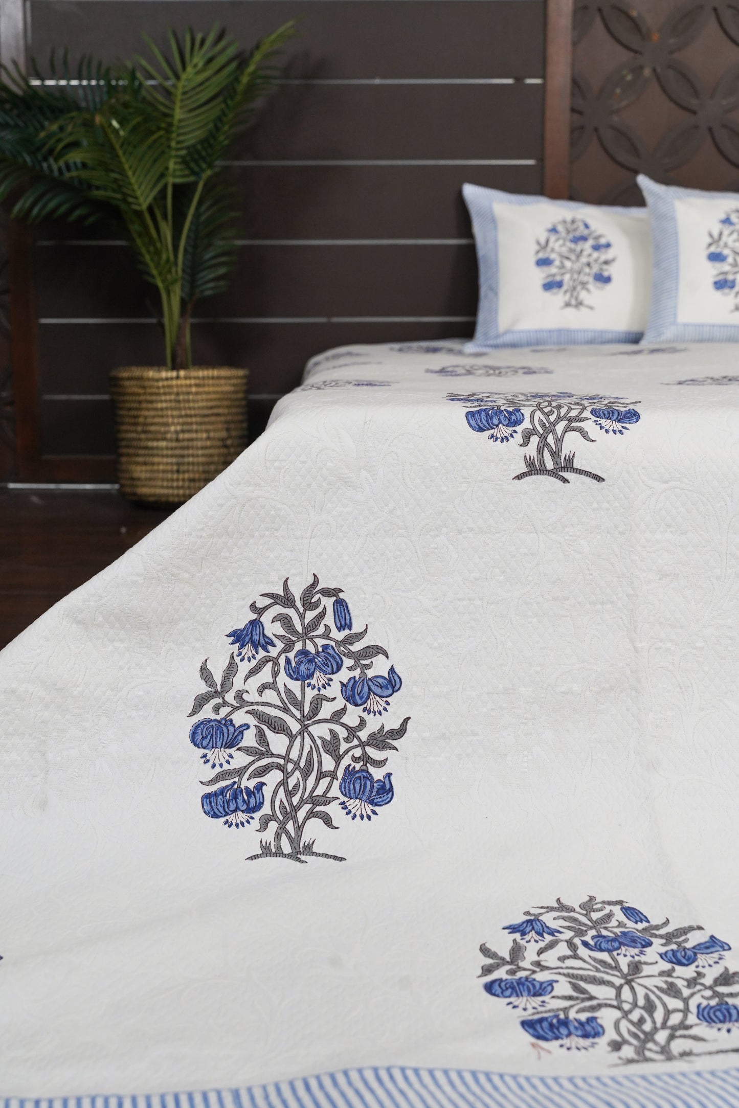 Periyar Cotton Bedspread - Blue Florals