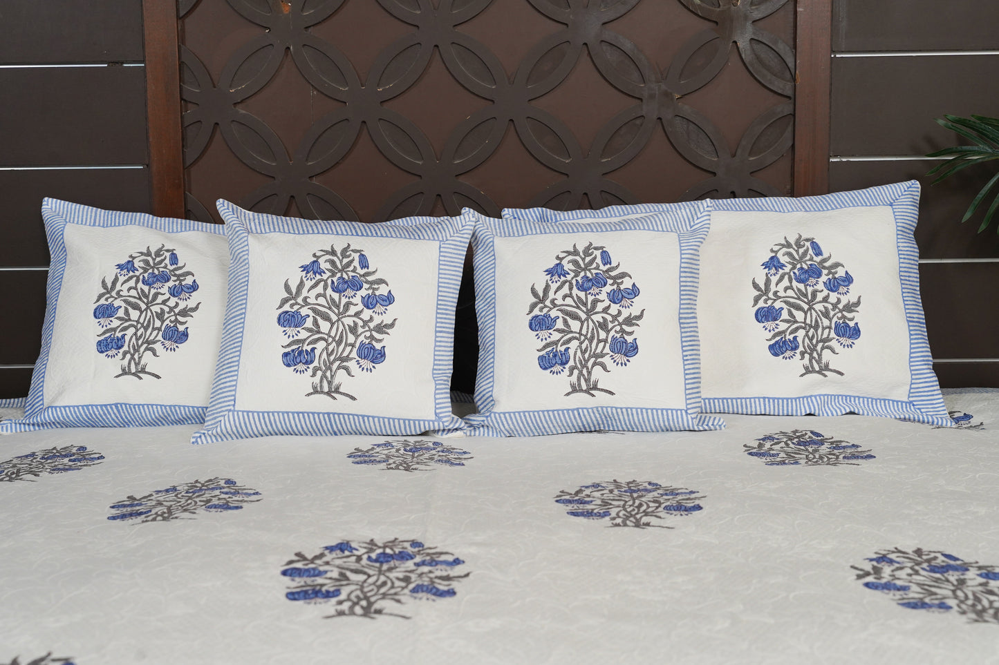 Periyar Cotton Bedspread - Blue Florals
