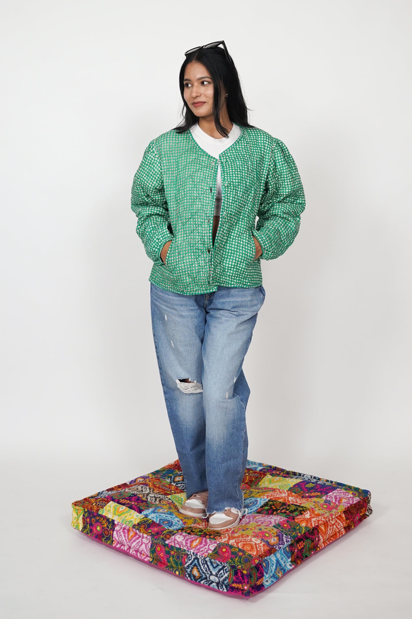 Oversized puffy sleeve quilted jacket - Green Polka