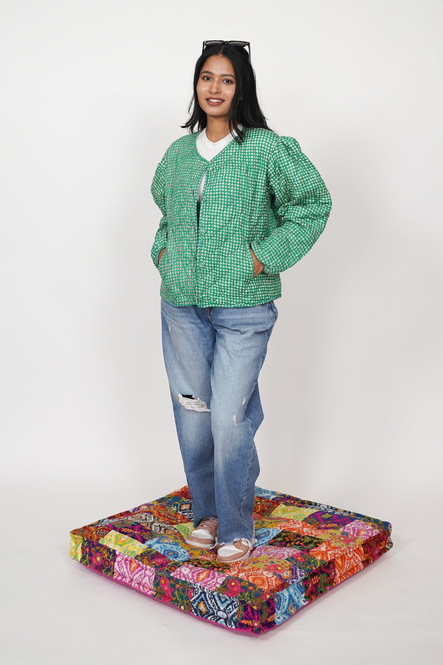 Oversized puffy sleeve quilted jacket - Green Polka