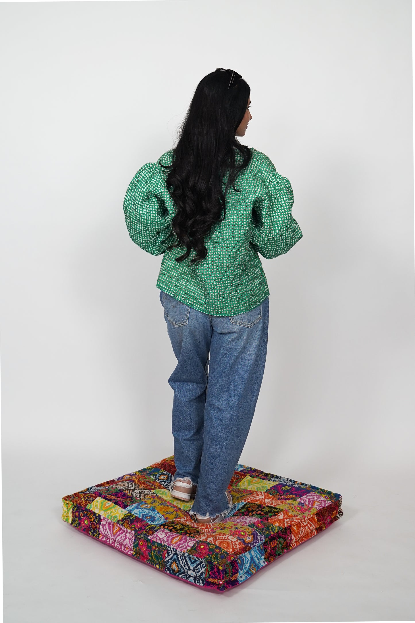 Oversized puffy sleeve quilted jacket - Green Polka