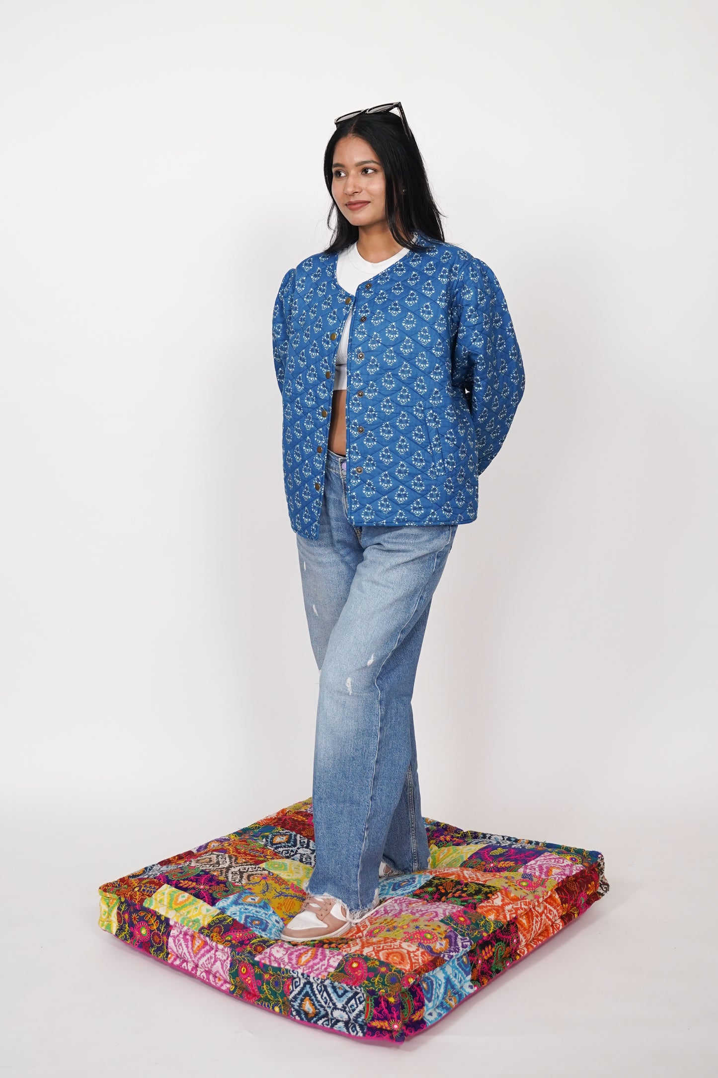 Oversized puffy sleeve quilted jacket - Blue Fern