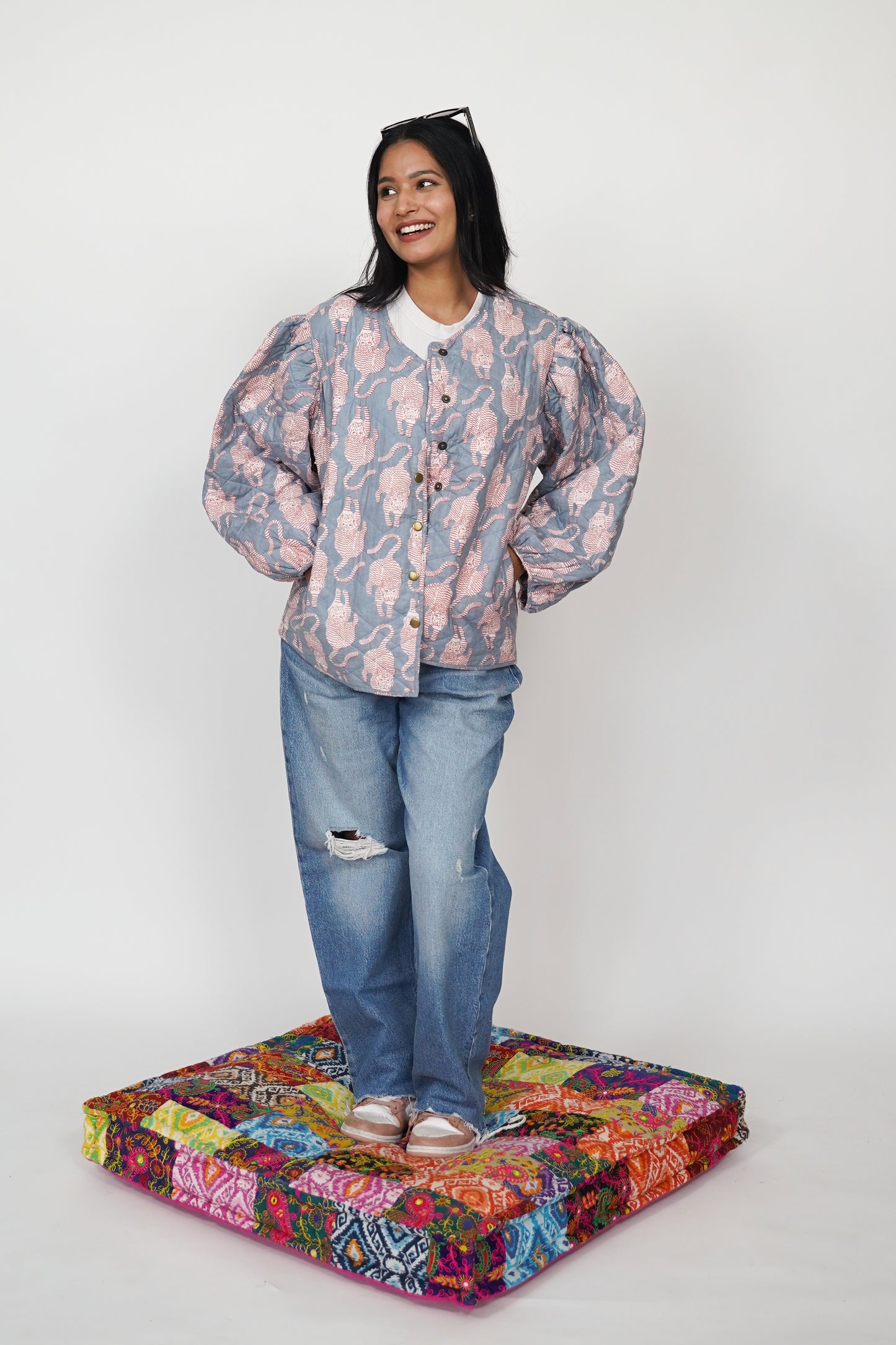 Oversized puffy sleeve quilted jacket - Pink Tiger