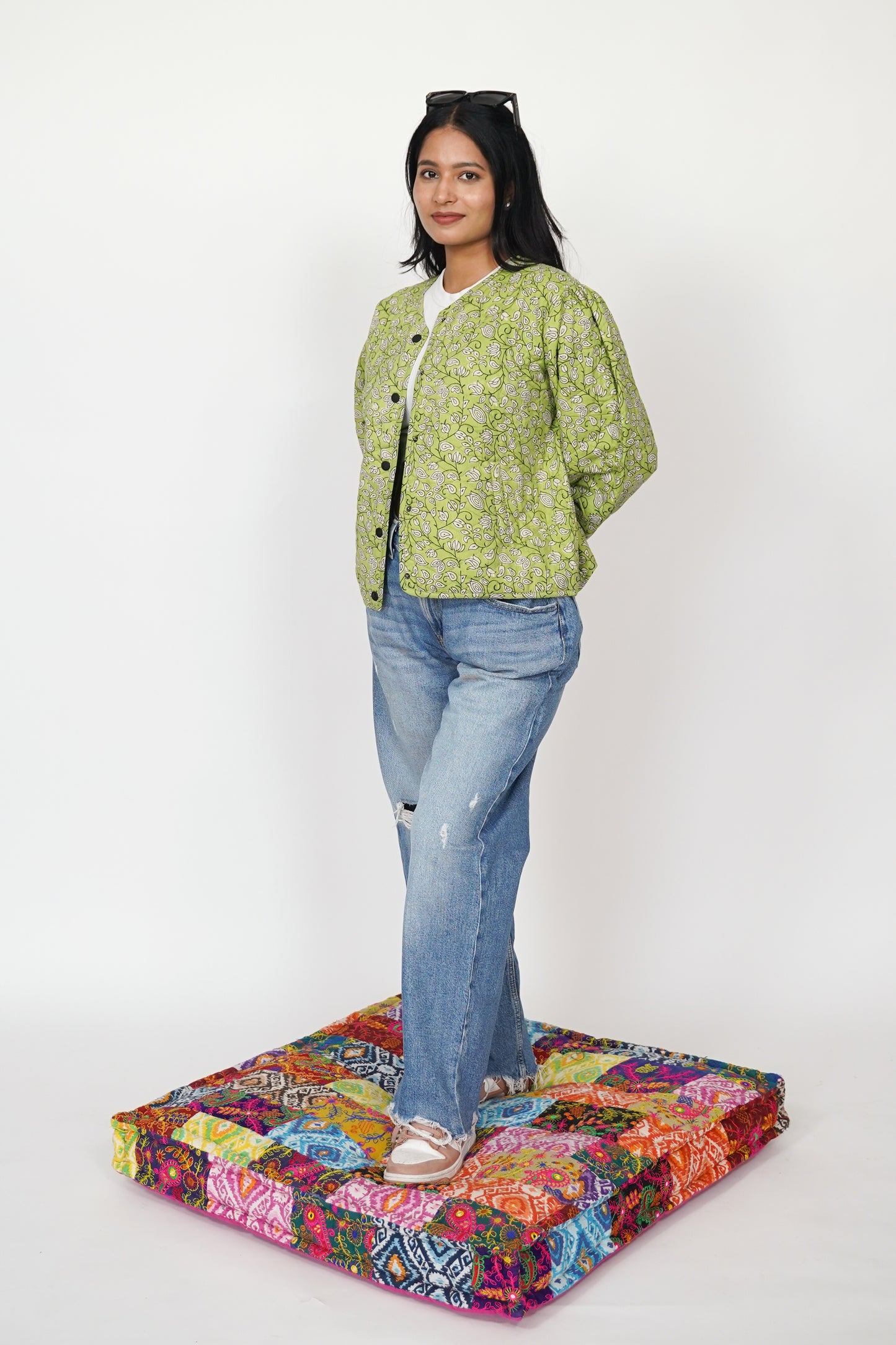 Green Floral Puffer Quilted Jacket