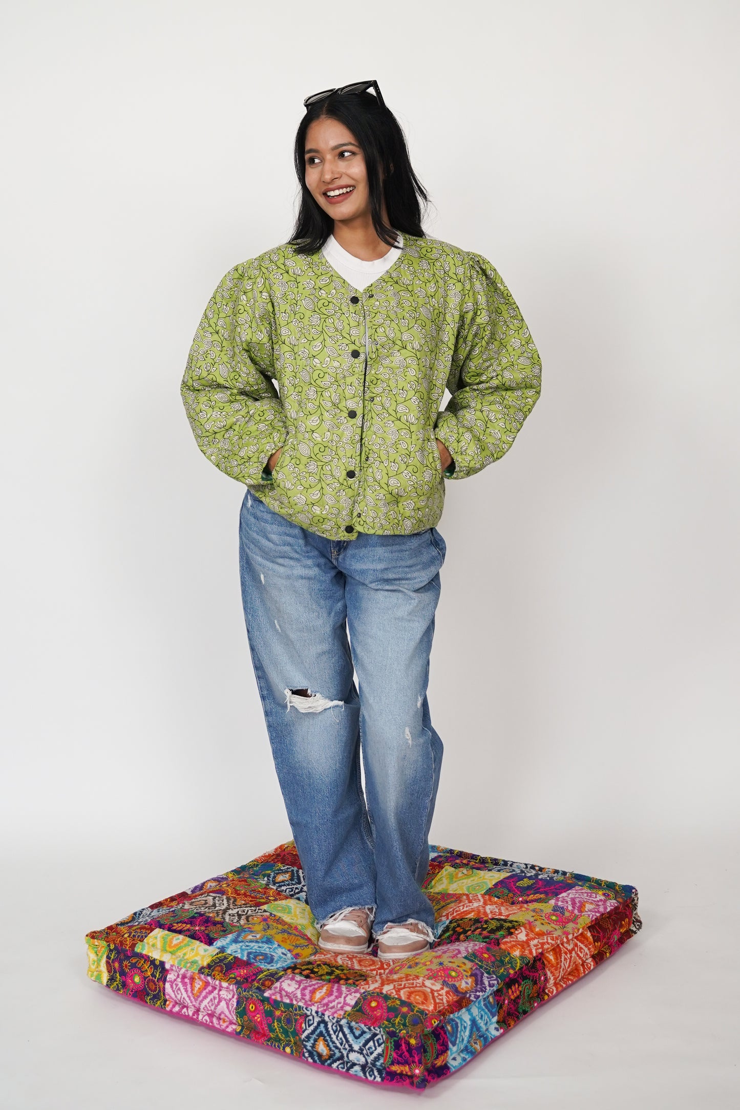 Green Floral Puffer Quilted Jacket