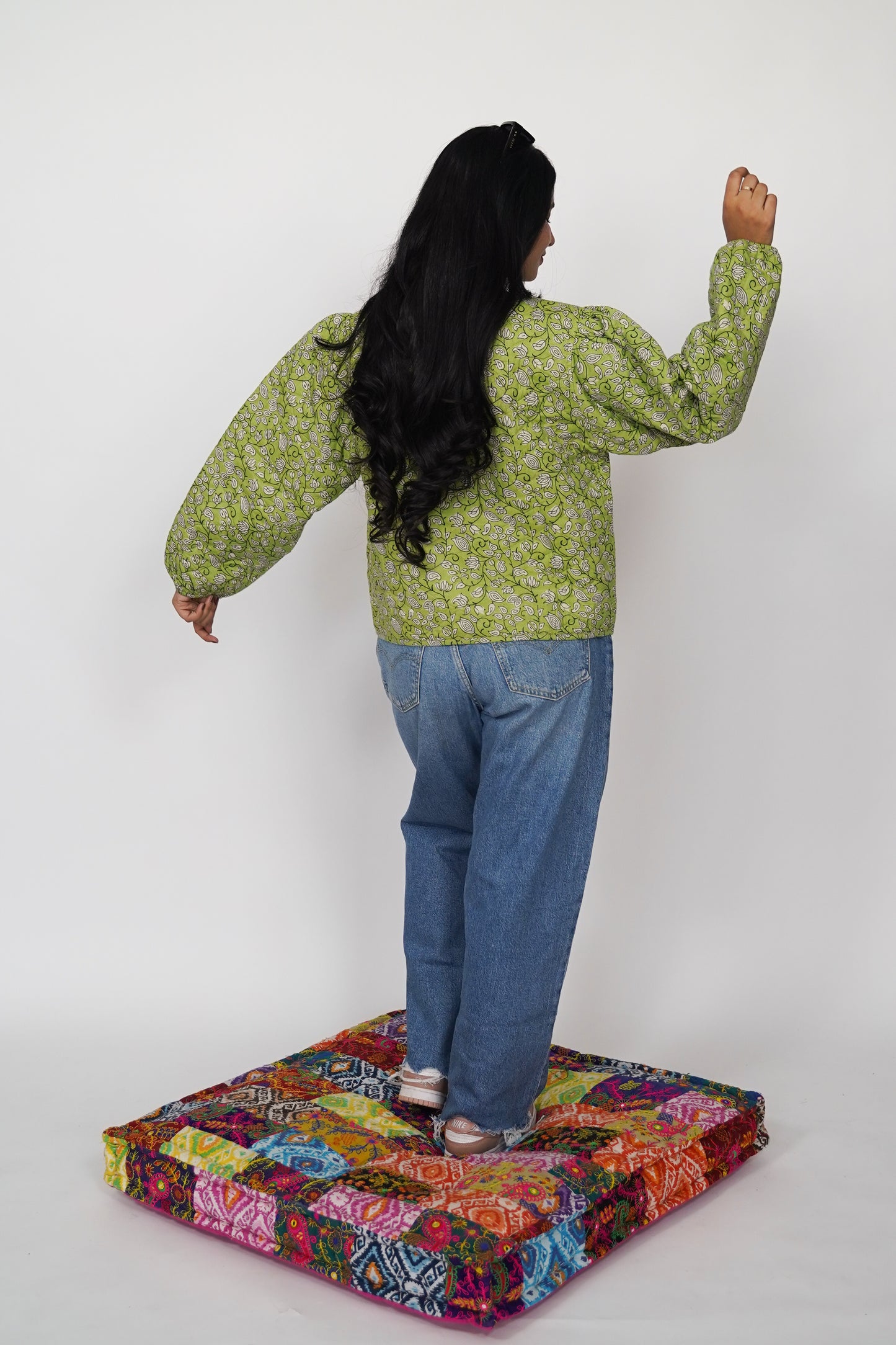 Green Floral Puffer Quilted Jacket