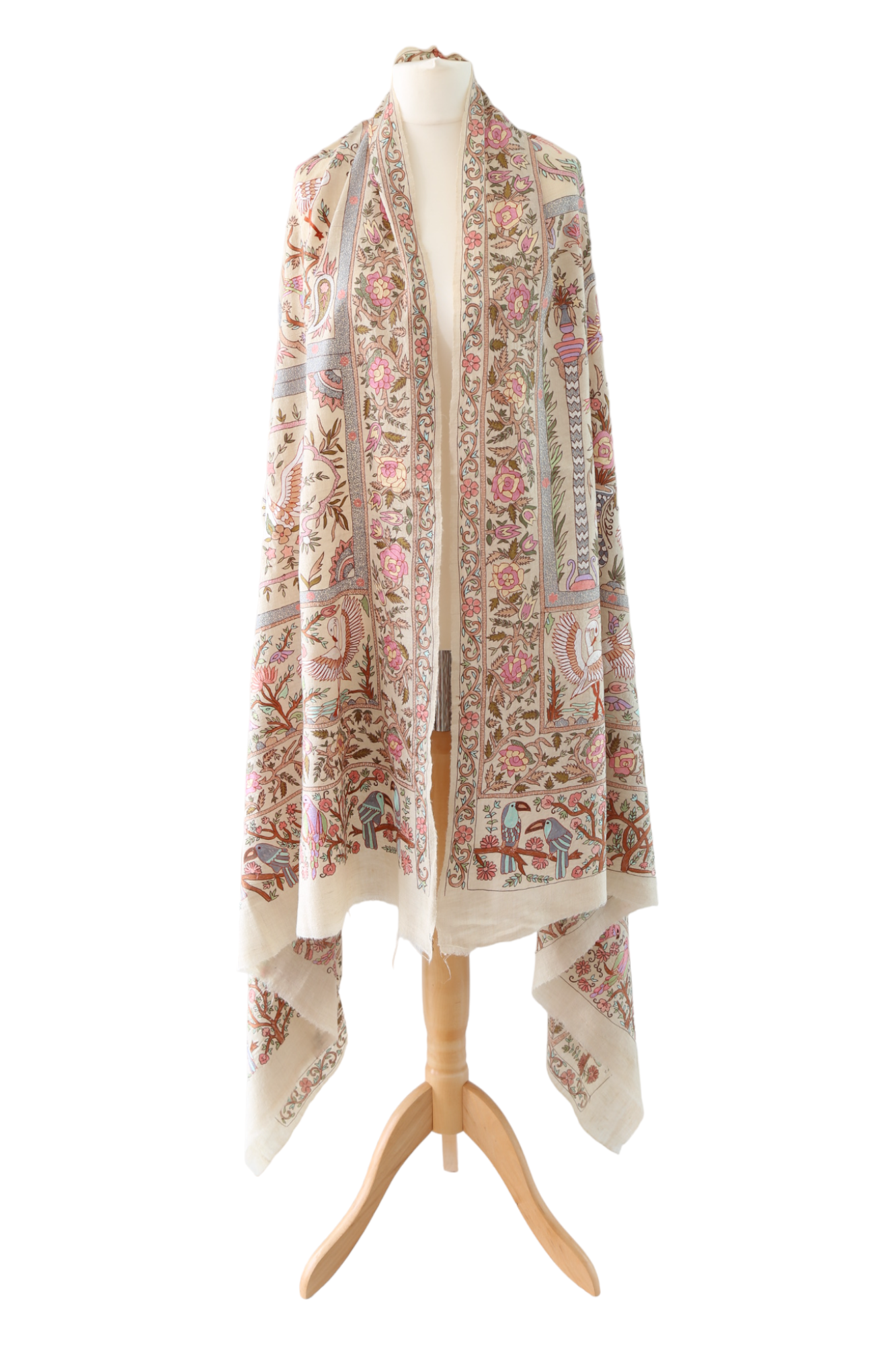 Meadow of Primitive Ivory Hand Embroidered Pashmina Shawl 'A walk in the Nature'