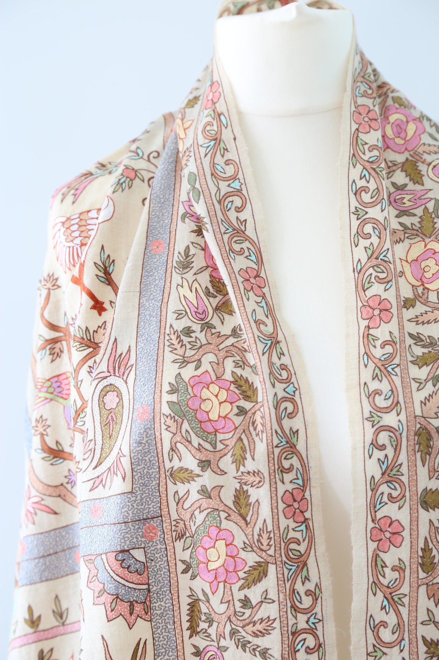 Meadow of Primitive Ivory Hand Embroidered Pashmina Shawl 'A walk in the Nature'