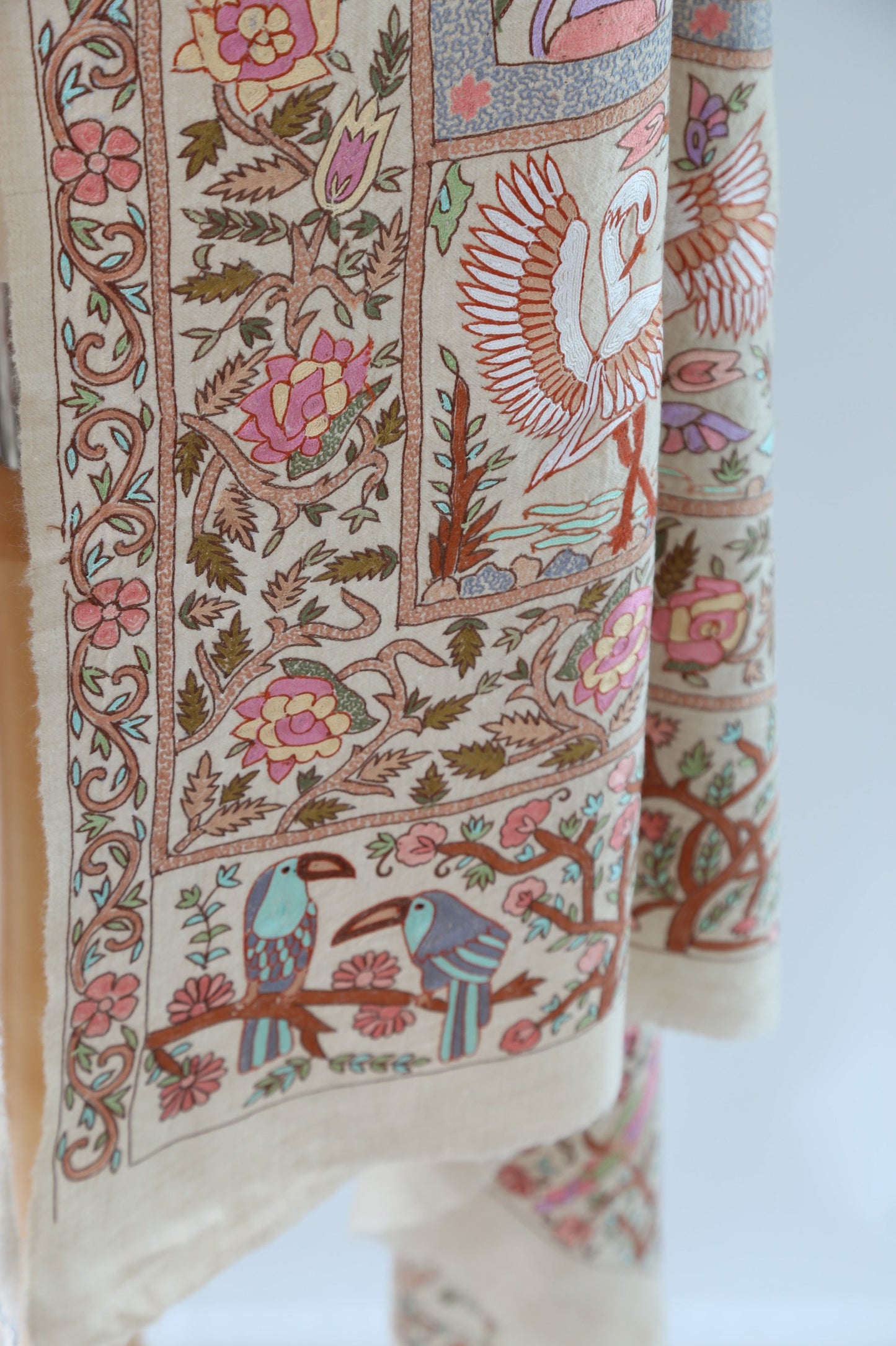 Meadow of Primitive Ivory Hand Embroidered Pashmina Shawl 'A walk in the Nature'