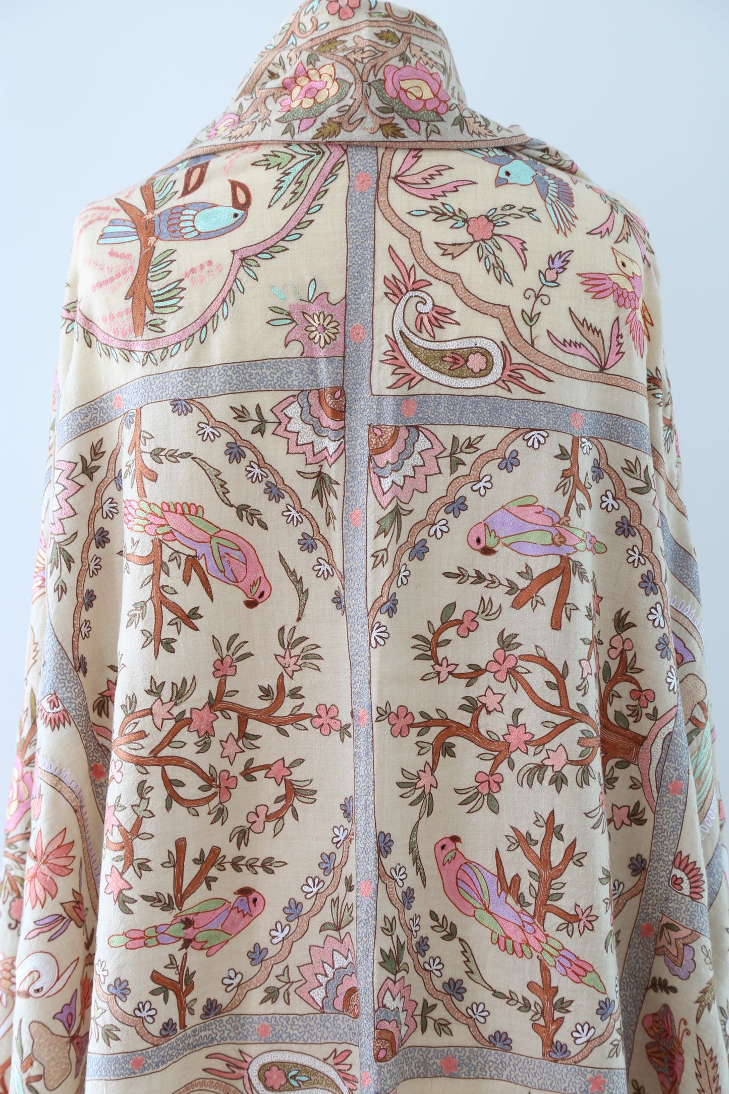 Meadow of Primitive Ivory Hand Embroidered Pashmina Shawl 'A walk in the Nature'