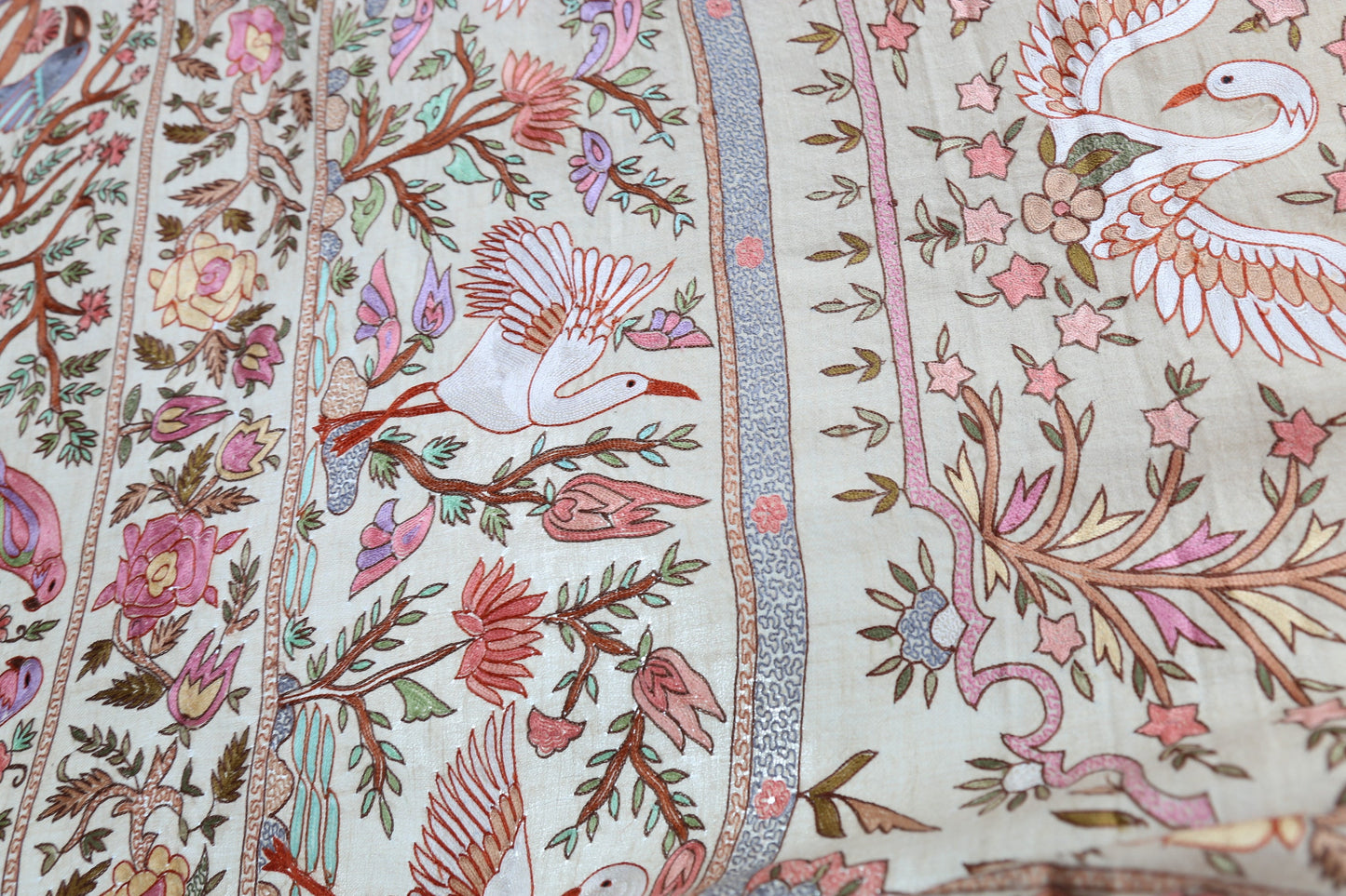 Meadow of Primitive Ivory Hand Embroidered Pashmina Shawl 'A walk in the Nature'