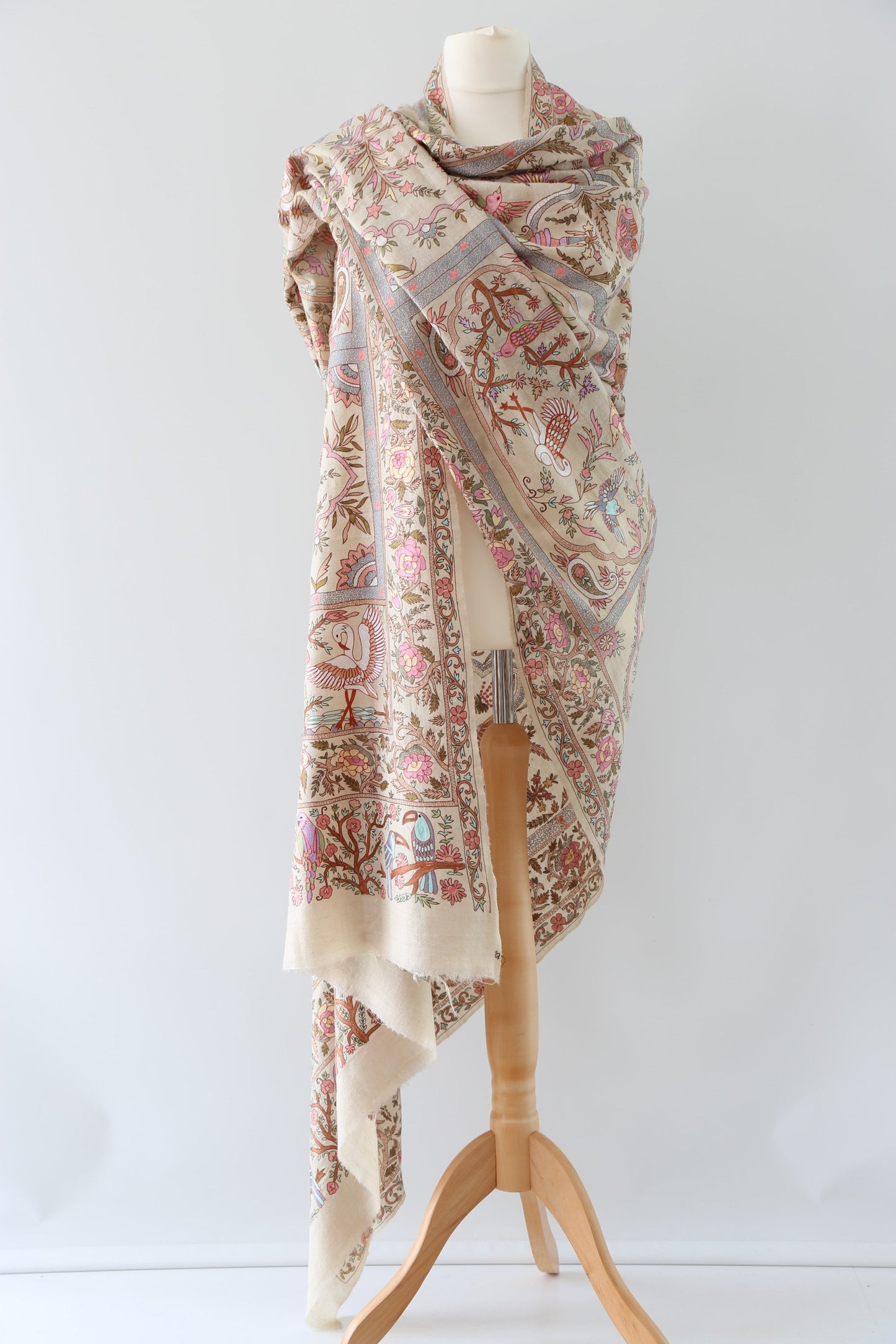 Meadow of Primitive Ivory Hand Embroidered Pashmina Shawl 'A walk in the Nature'