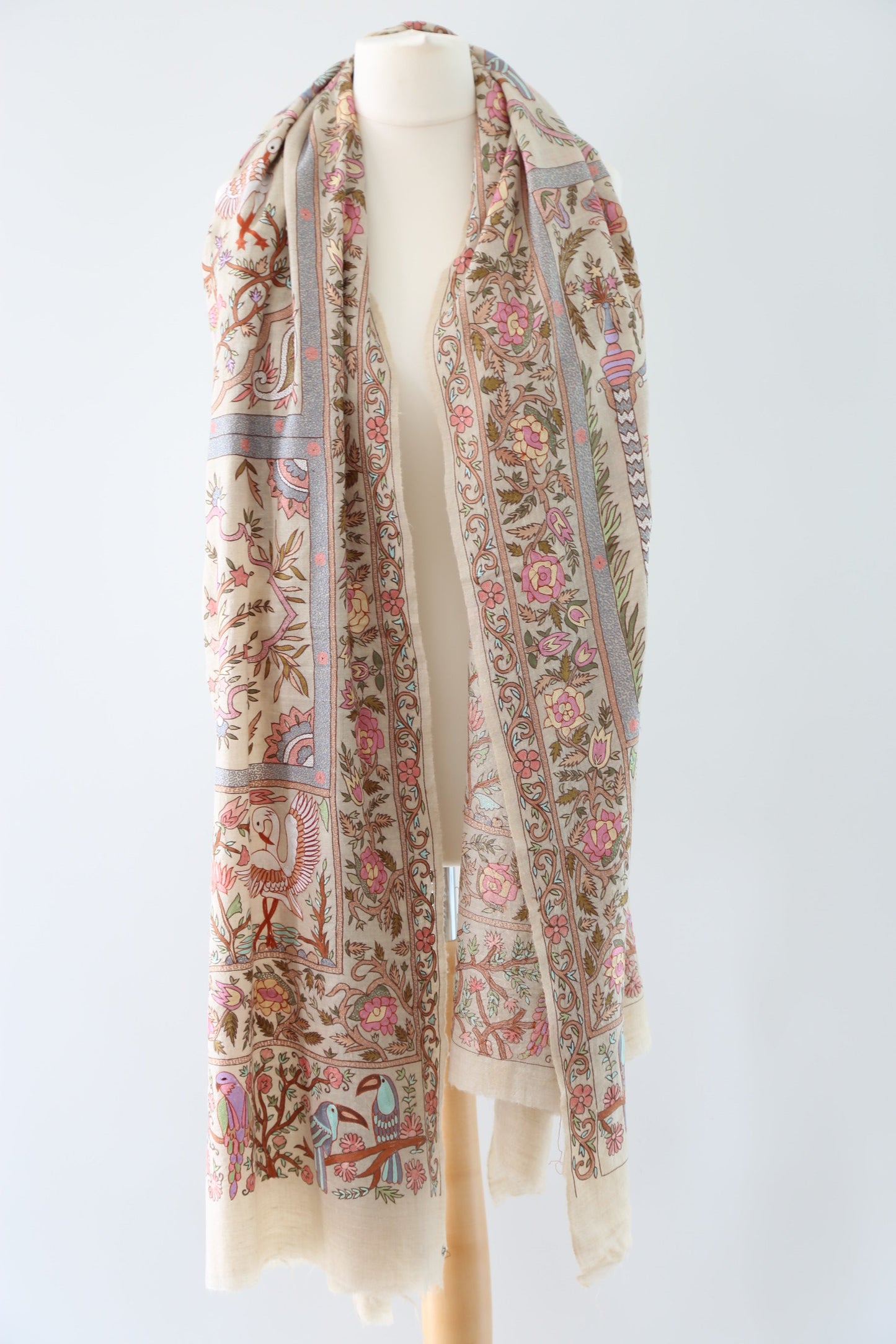Meadow of Primitive Ivory Hand Embroidered Pashmina Shawl 'A walk in the Nature'