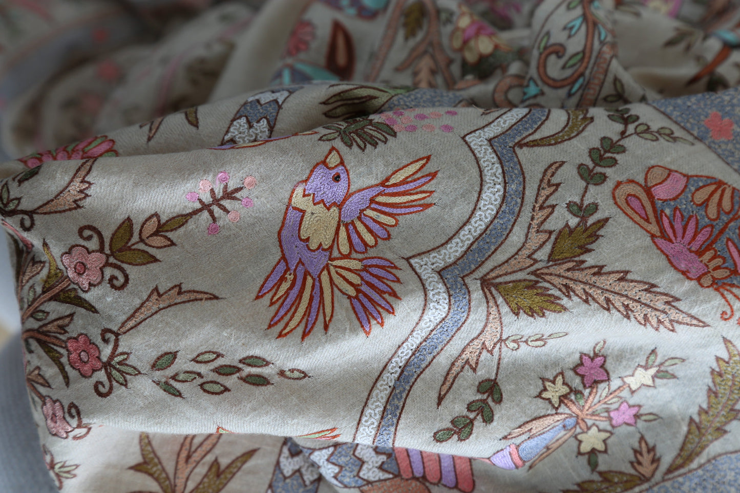 Meadow of Primitive Ivory Hand Embroidered Pashmina Shawl 'A walk in the Nature'