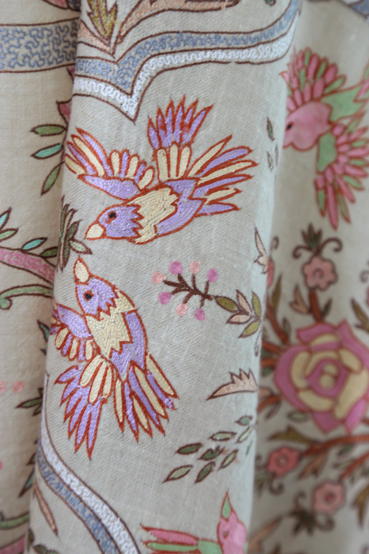 Meadow of Primitive Ivory Hand Embroidered Pashmina Shawl 'A walk in the Nature'