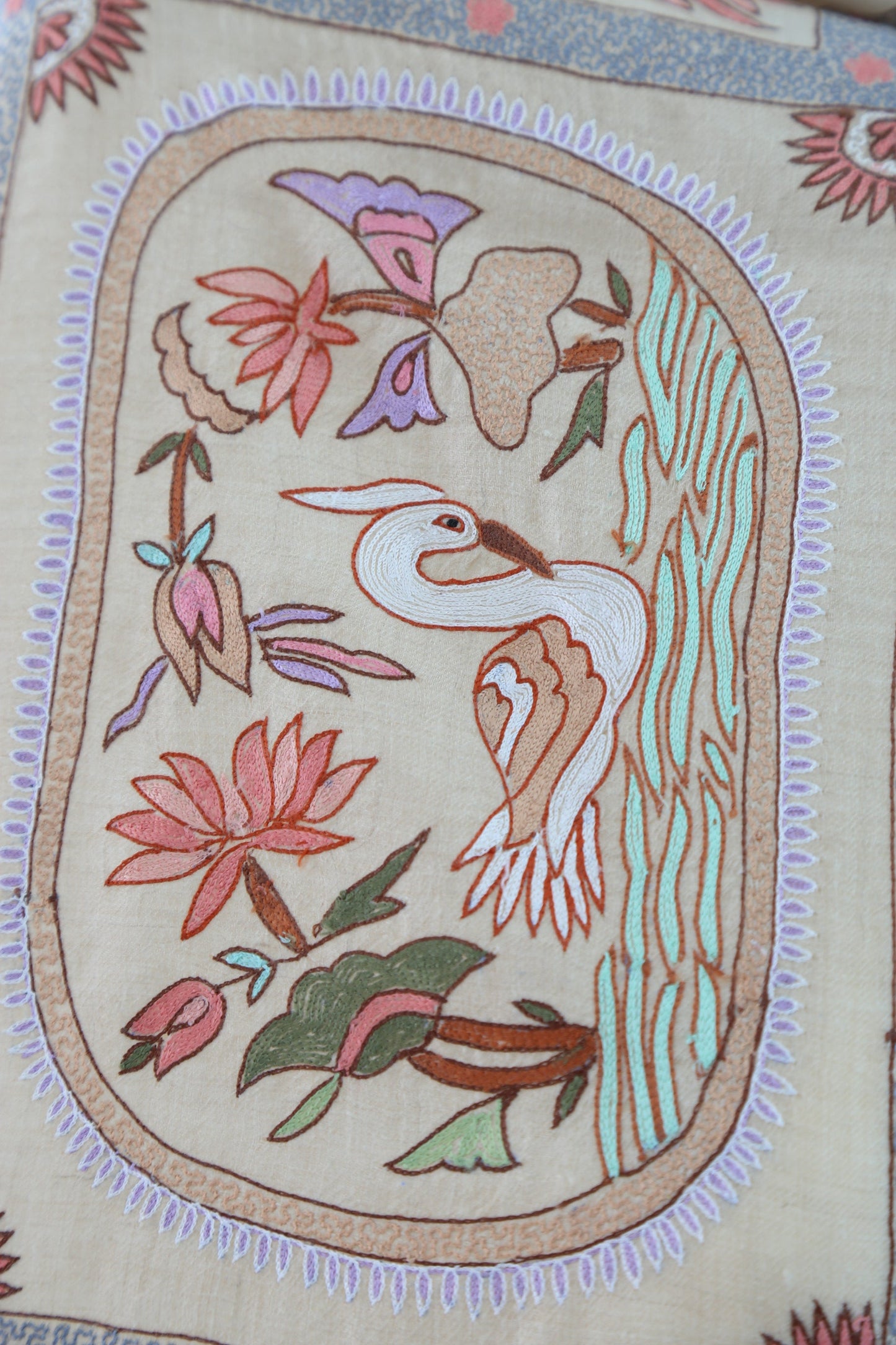 Meadow of Primitive Ivory Hand Embroidered Pashmina Shawl 'A walk in the Nature'