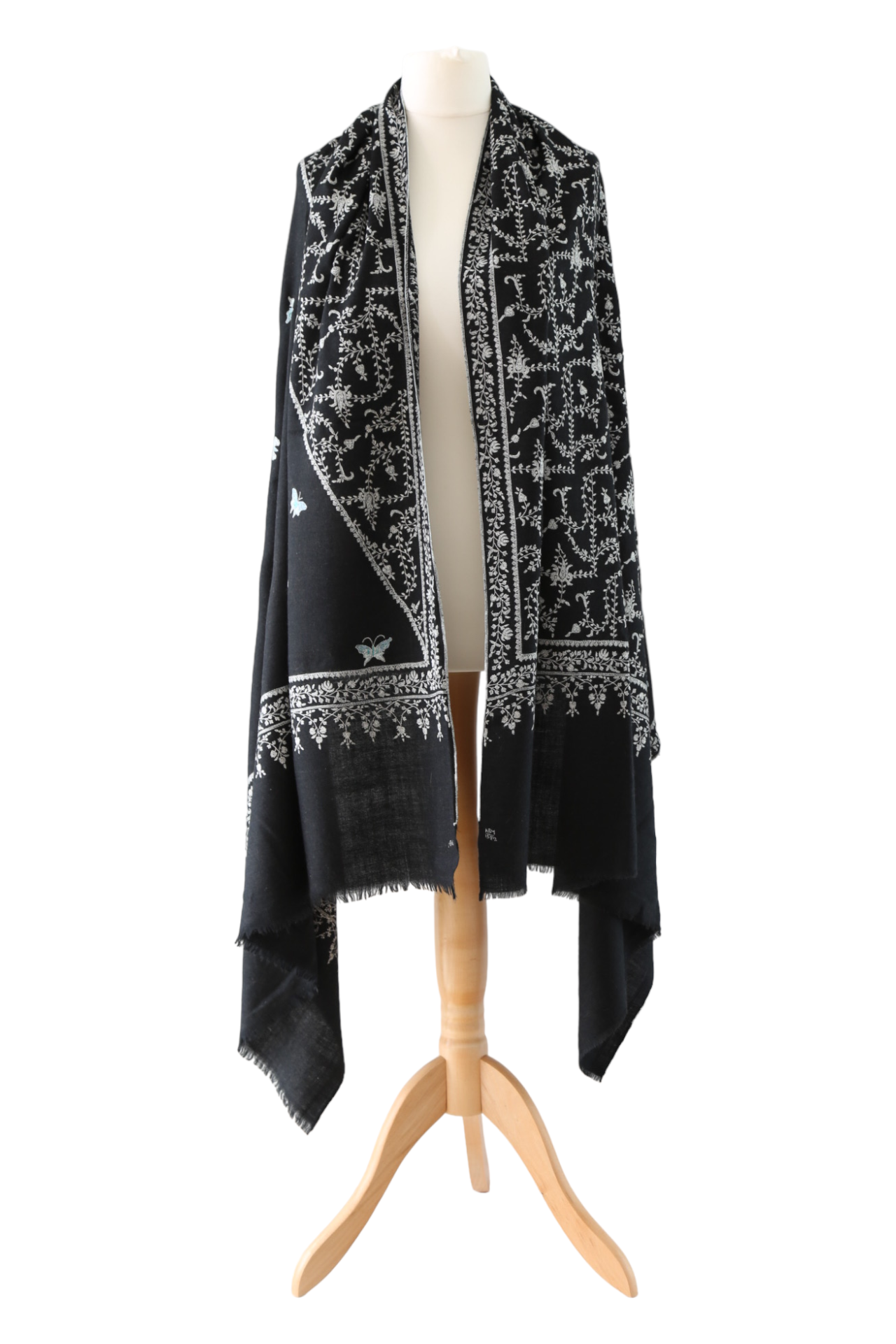 Sozni Hand Embroidered Cashmere Pashmina Black
