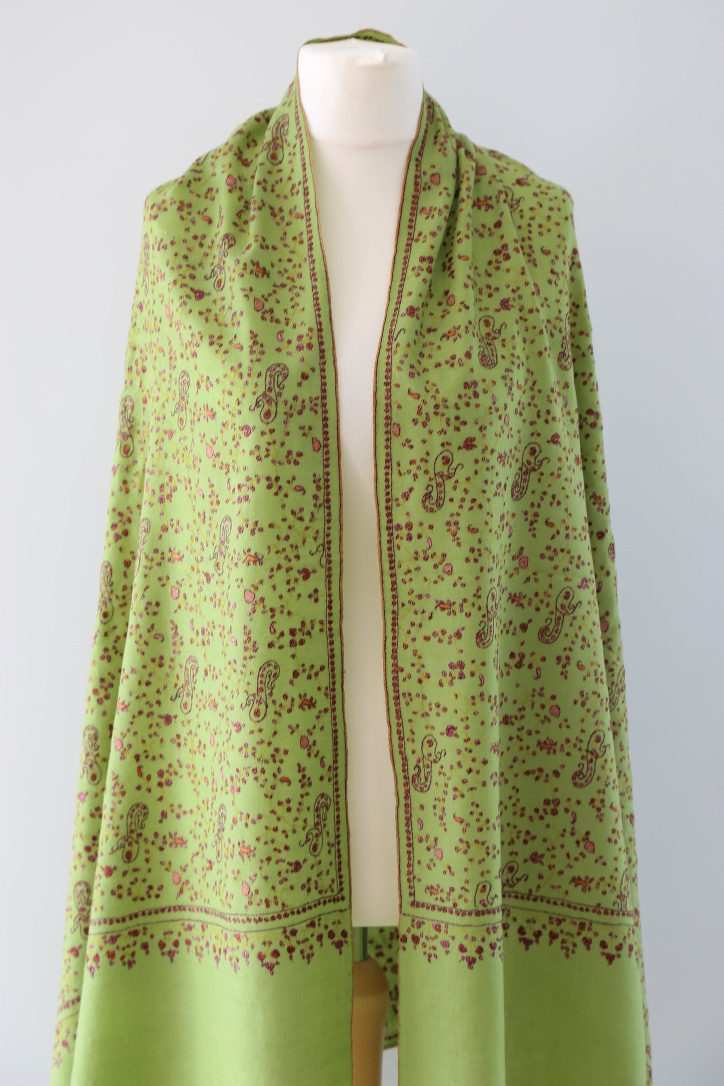 Sozni Hand Embroidered Pashmina Shawl Lime Green