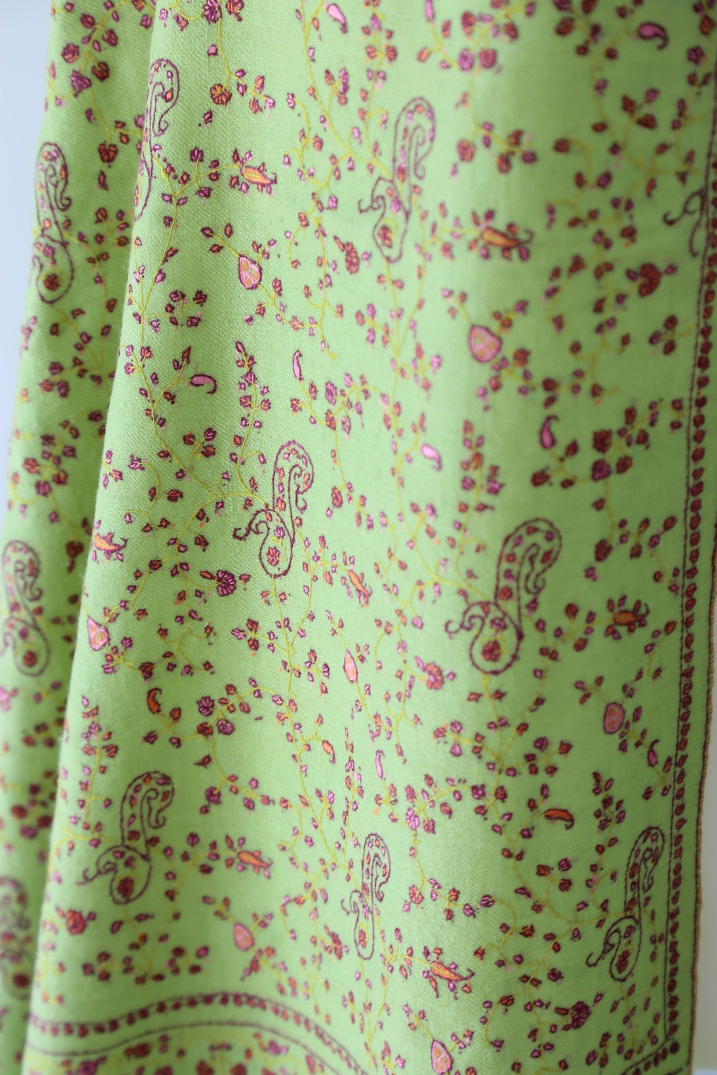 Sozni Hand Embroidered Pashmina Shawl Lime Green