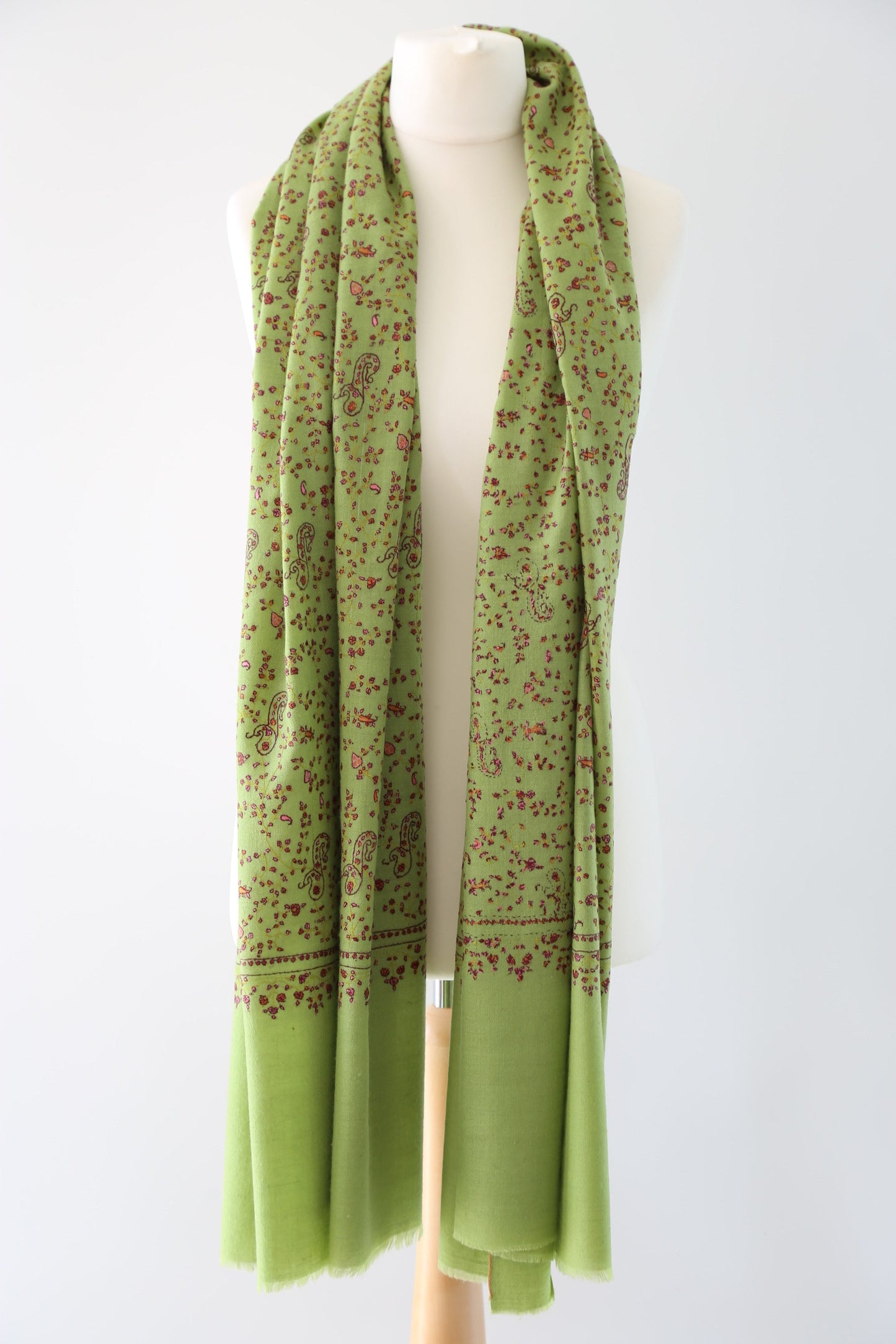 Sozni Hand Embroidered Pashmina Shawl Lime Green
