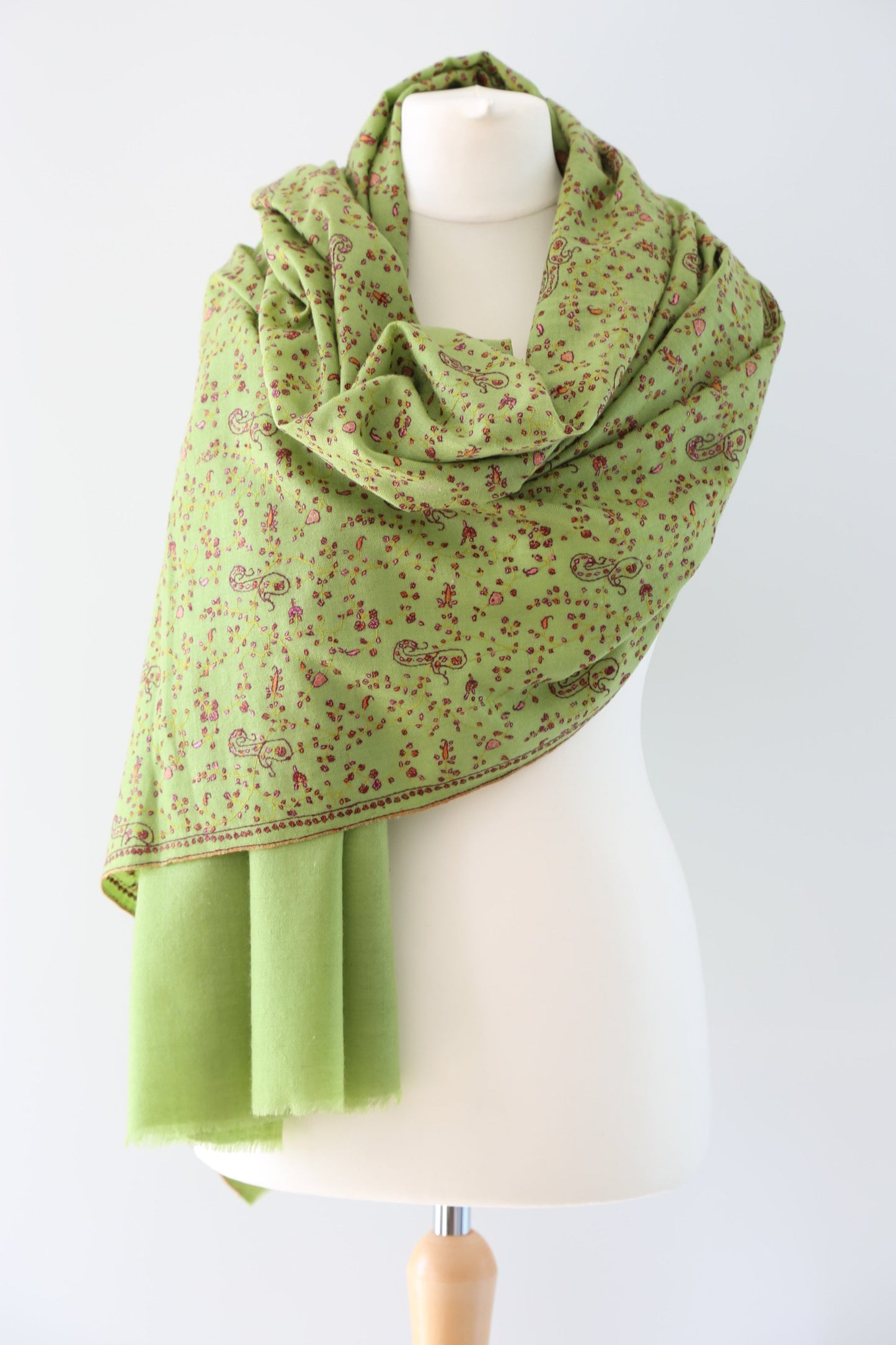 Sozni Hand Embroidered Pashmina Shawl Lime Green