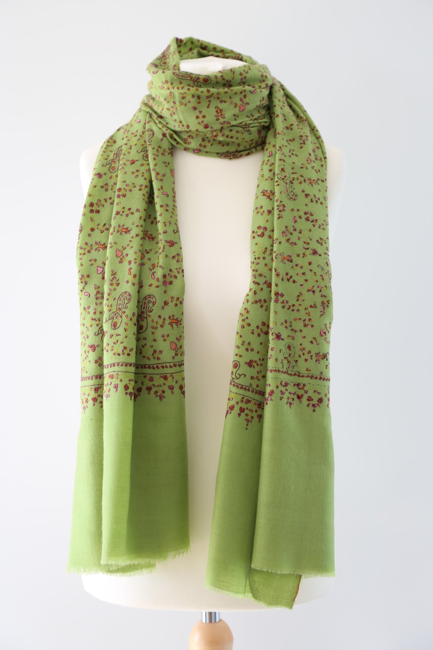 Sozni Hand Embroidered Pashmina Shawl Lime Green