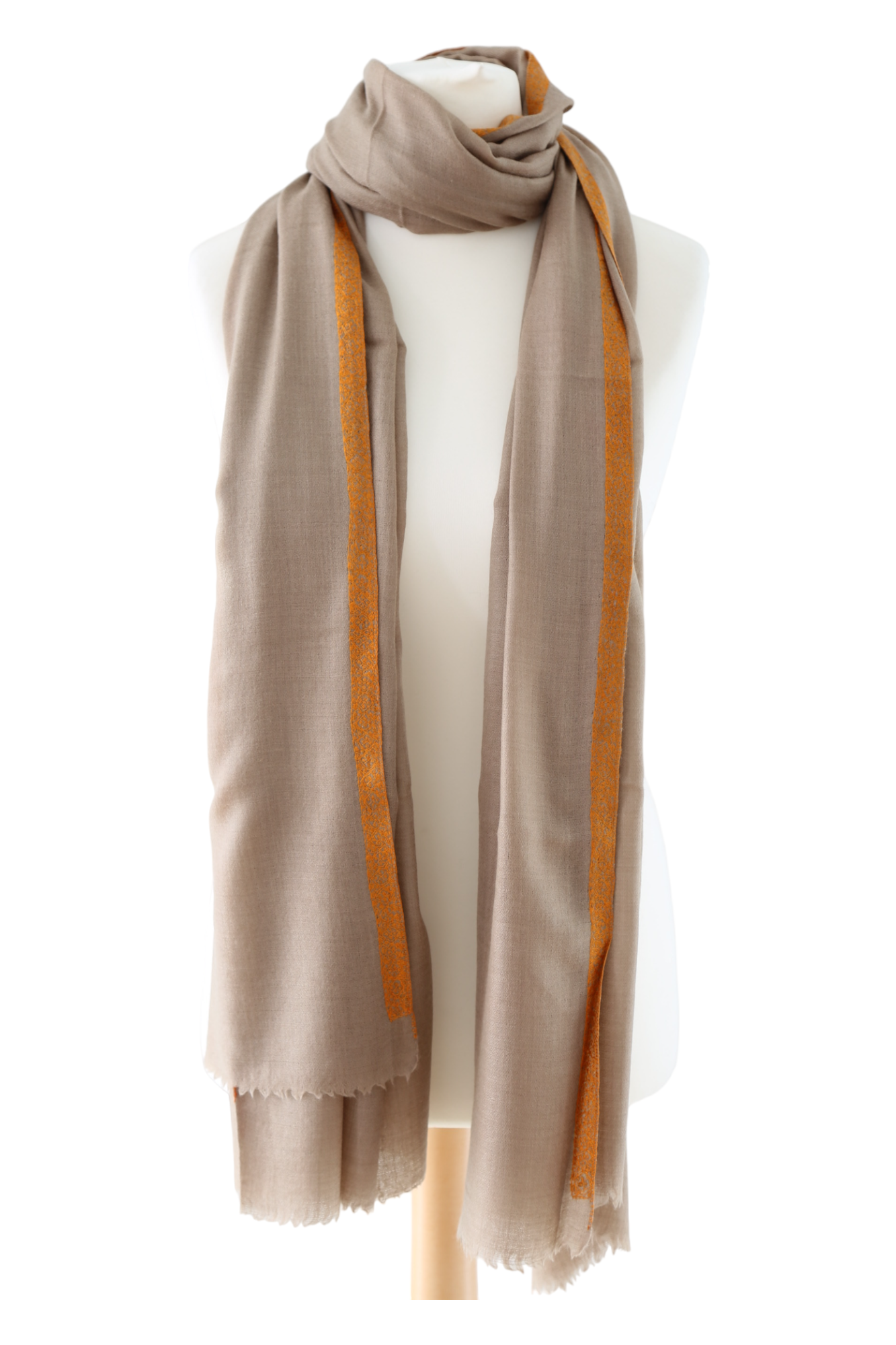 Natural Pashmina Shawl with Border Embroidery - Orange