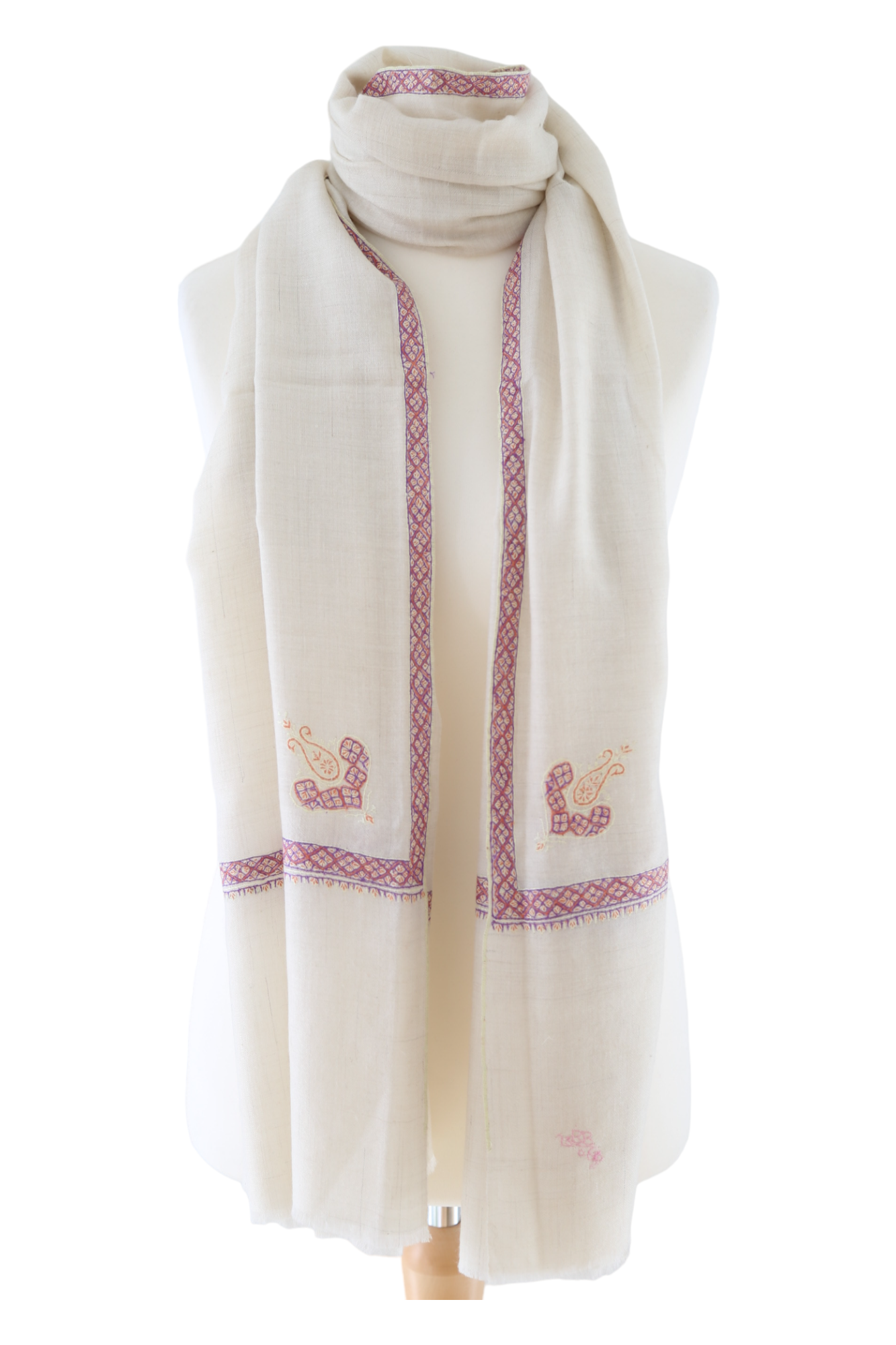Natural Pashmina Shawls with Border Embroidery - Paisely Motif