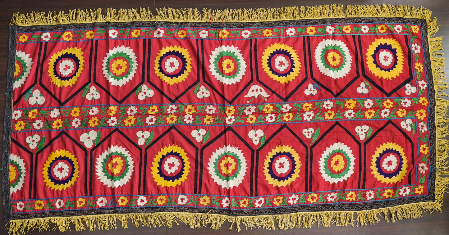 Uzbek Vintage Suzani with Silk Embroidery - Golden Fringe