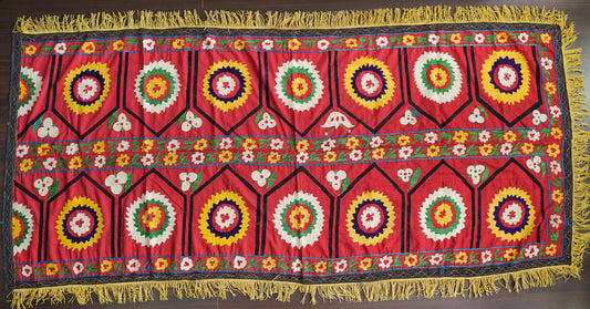 Uzbek Vintage Suzani with Silk Embroidery - Golden Fringe