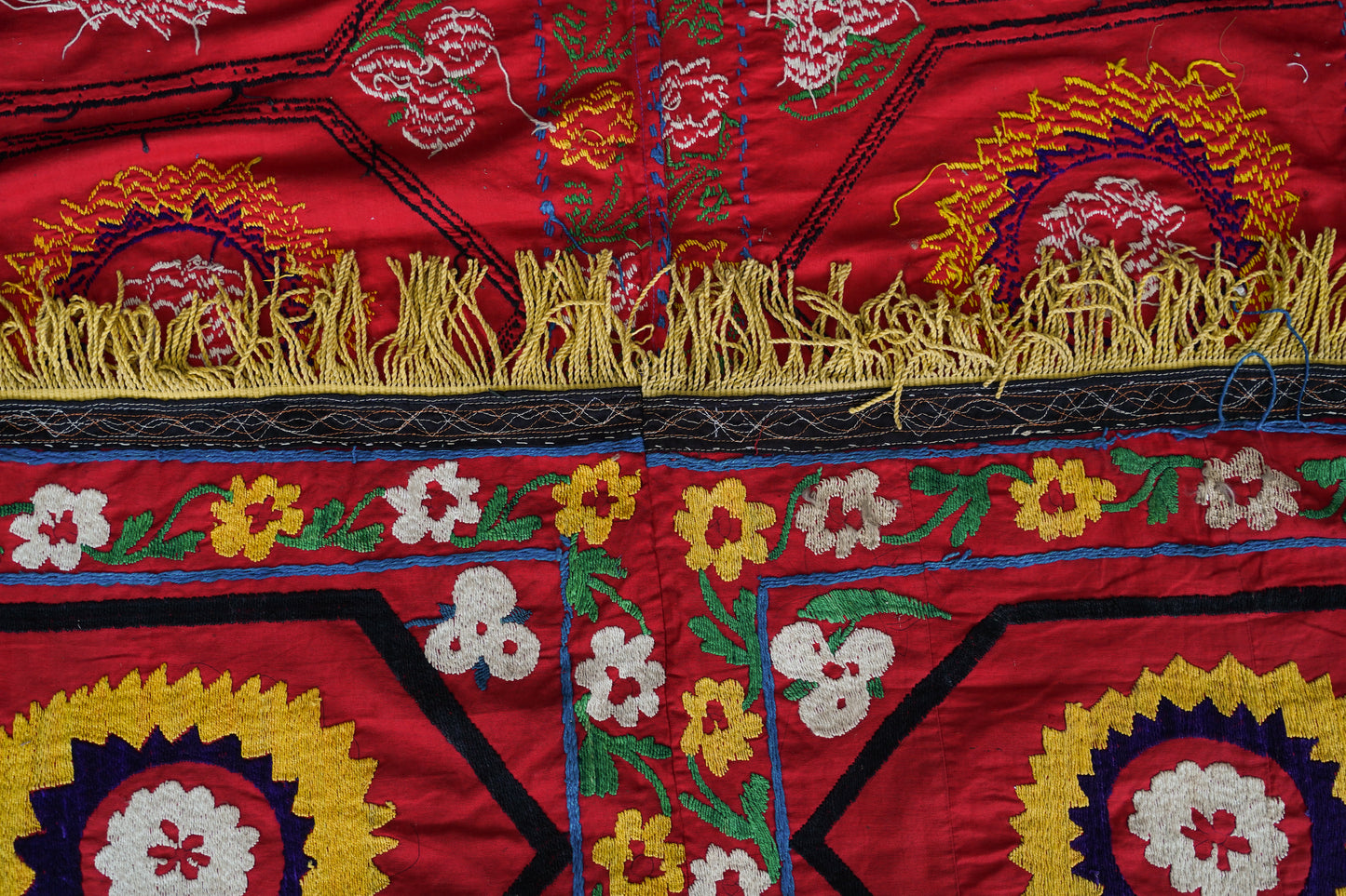 Uzbek Vintage Suzani with Silk Embroidery - Golden Fringe