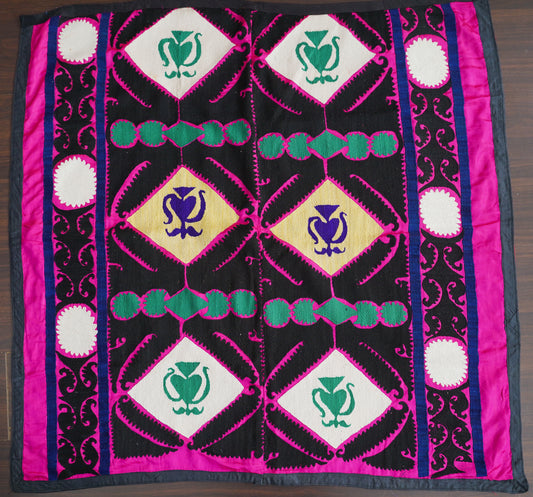 Vintage Uzbek Suzani 'Beshikpush' in Brightly Coloured Tribal Patterns