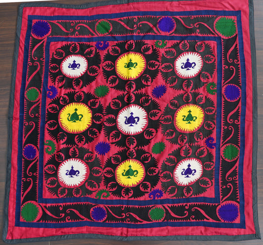 Vintage Suzani with Cotton Embroidery on a Silk/Satin Ground in Vibrant pink with Yellow