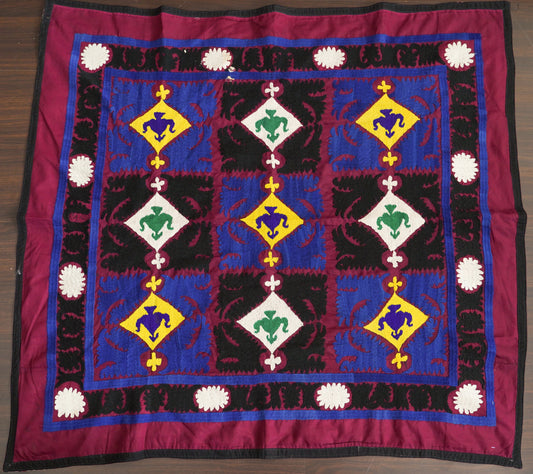 Vintage Suzani with Cotton Embroidery on a Silk/Satin Ground in Vibrant blue with Yellow Teapots