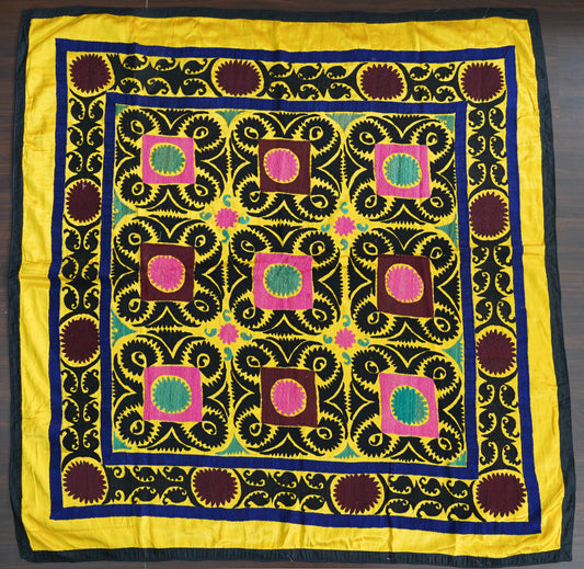 Uzbek Suzani from Bukhara -  on a Silk/Satin Ground in Vibrant Yellow
