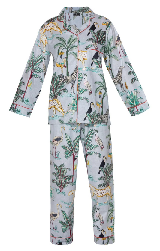 Cotton Jungle Print Pyjamas - Pale Sky Blue