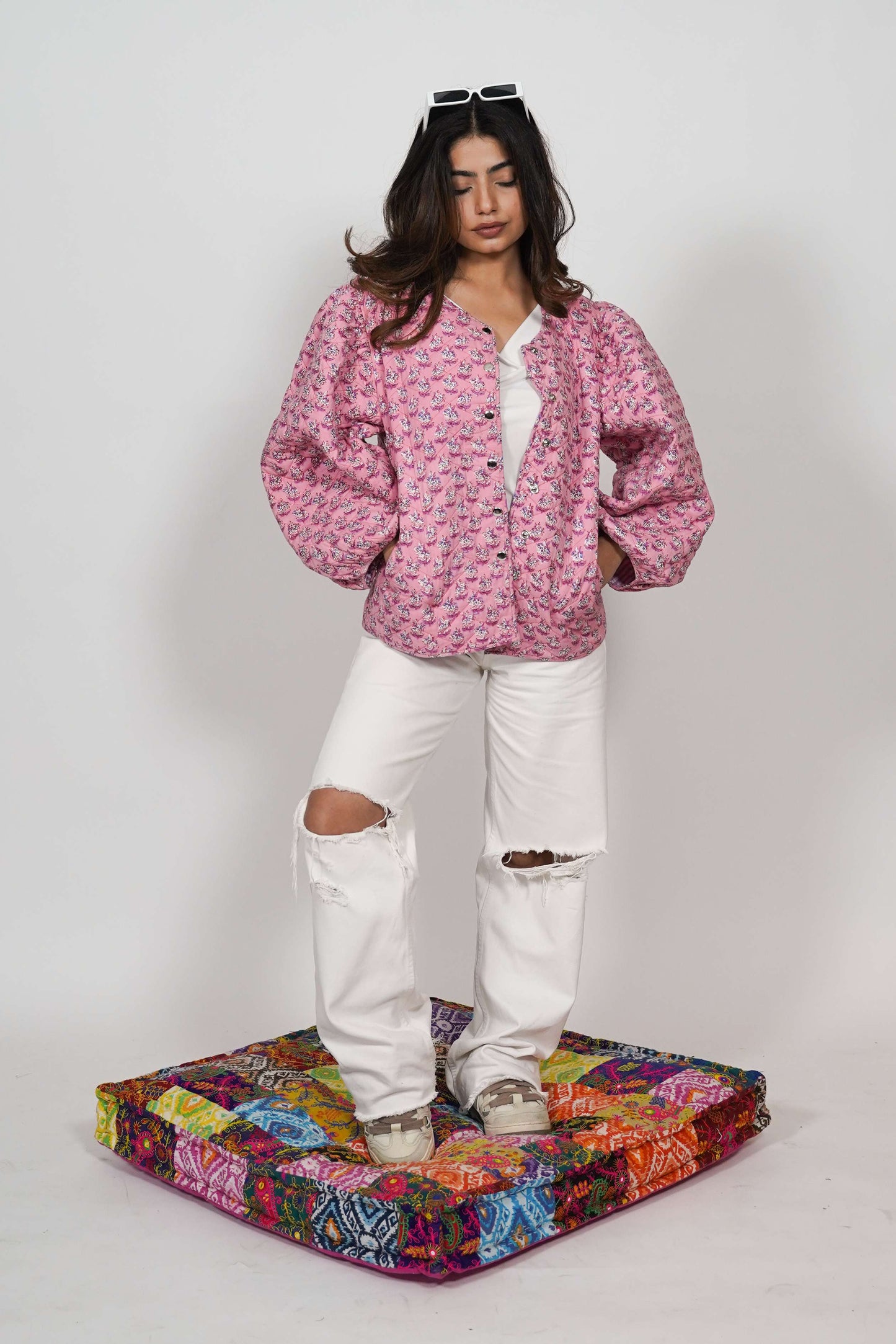 Oversized puffy sleeve quilted jacket - Pink Petals